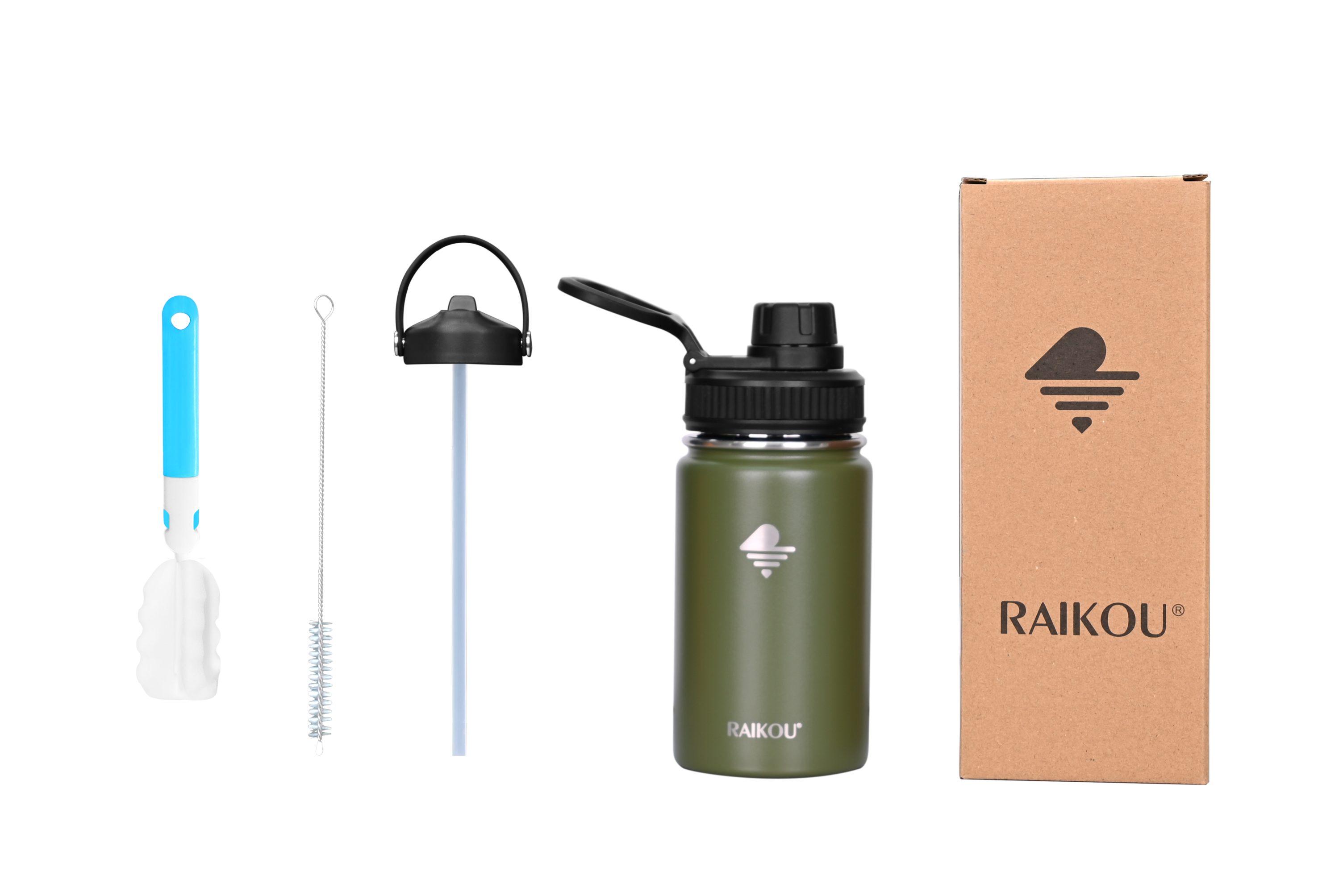 RAIKOU Isolierflasche Trinkflasche Wasserflasche Olive Auslaufsichere Deckel 2 Vakuumisolierte Sportflasche, mit