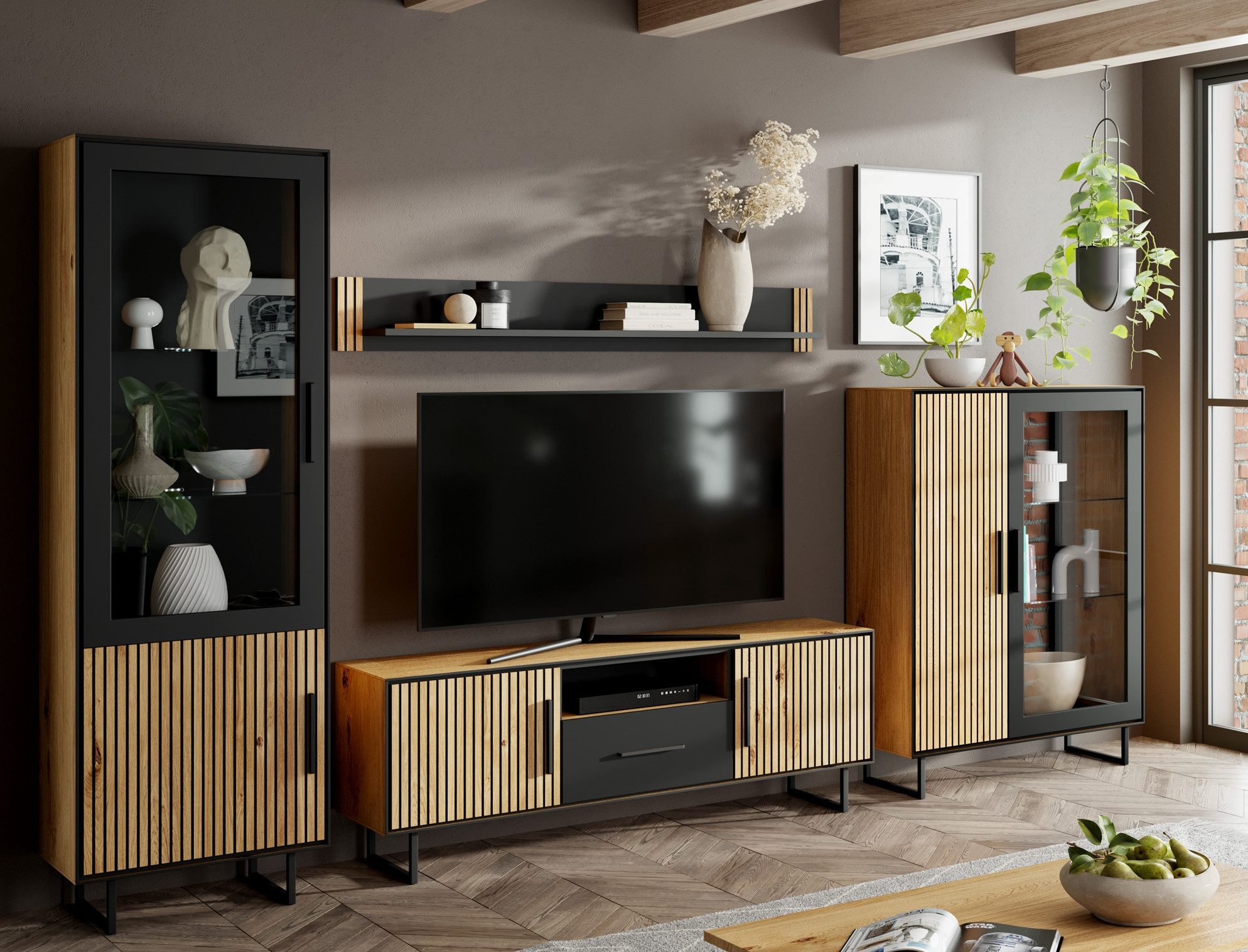 Lebenswert Wohnwand Eddie, (4-teilig), (4-teilig) in Eiche / schwarz - 341x197x40 (BxHxT)