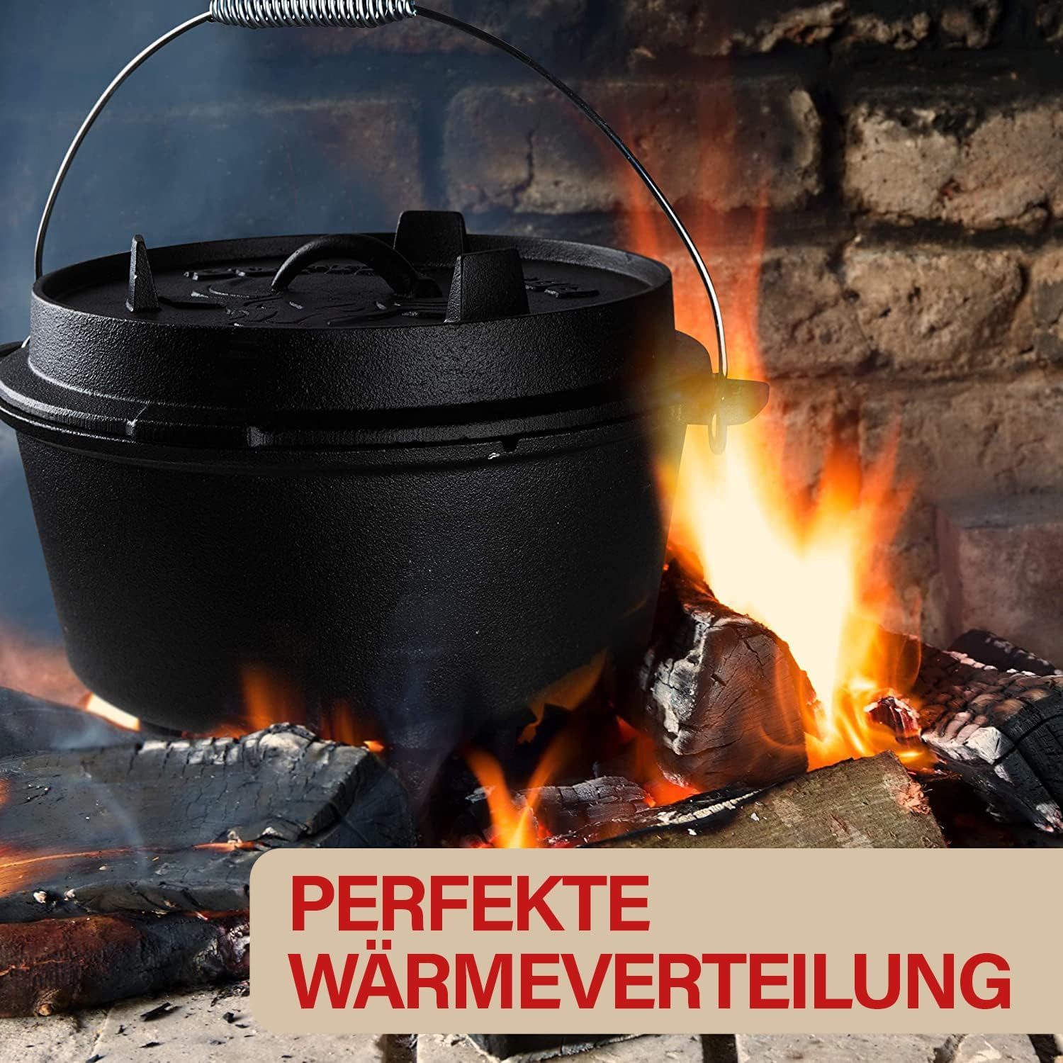 LAVUR Grilltopf BUFFALO BBQ Dutch Oven 7,5 L eingebrannt, Gusseisen-Feuertopf, Kochen, Braten & Grillen beim Camping inkl. Deckelheber & Tasche – Bild 5 von 5