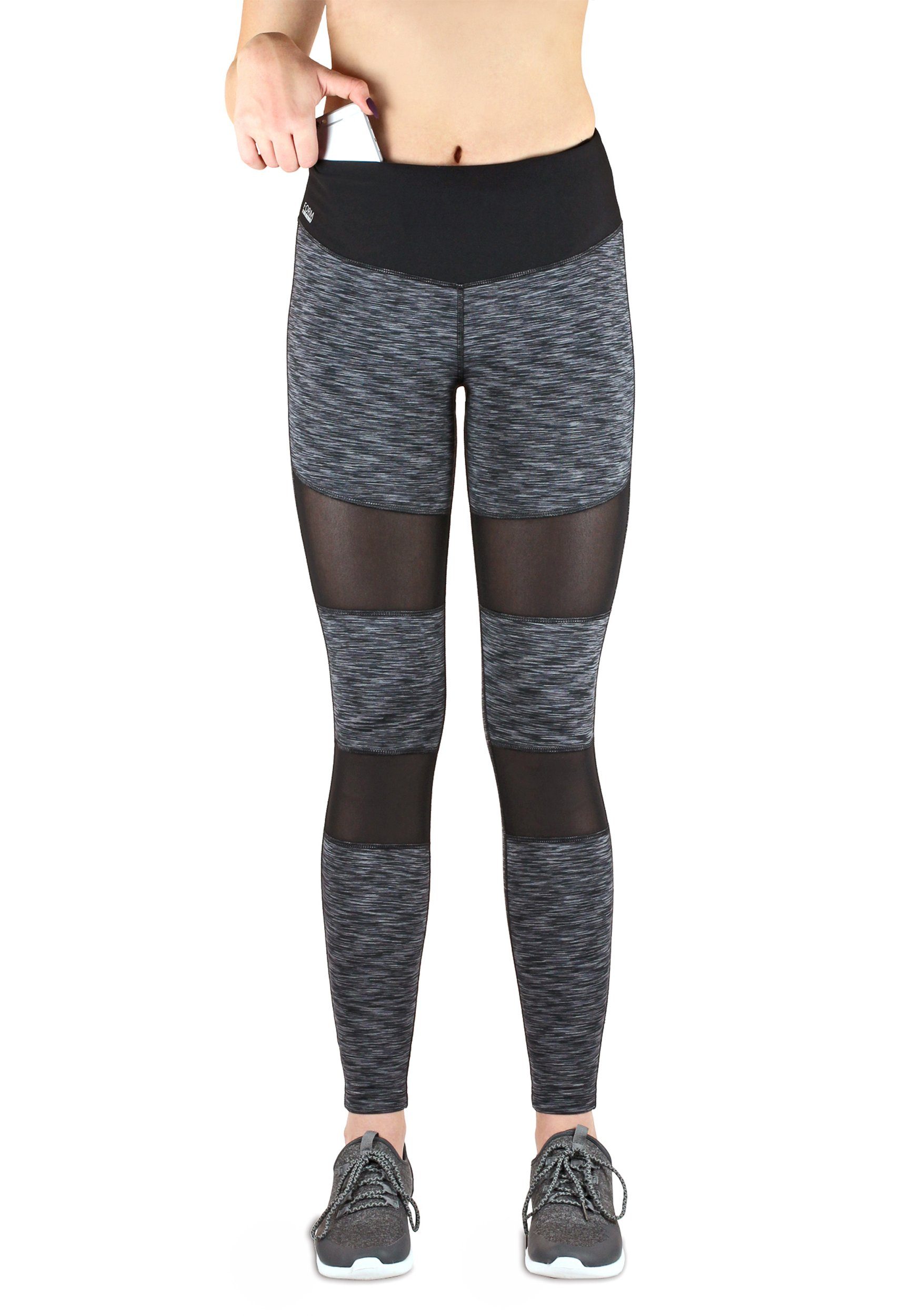 Formbelt Laufhose Damen High blickdicht, damen Bund, frauen quick funktionsleggings, Waist dry high leggin dry, sportleggings wege stretch mit hoher grey-black atmungsaktiv, Handytasche tight Leggings waschbar, waist lang, leggins mesh leggings 4 sport hohem Mesh bund, quick und