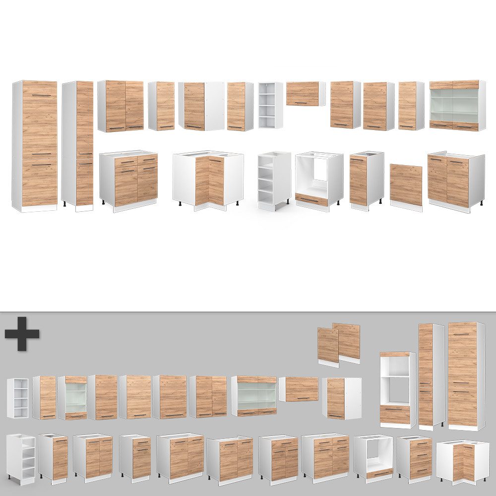 Vicco Winkelküche Fame-Line, Goldkraft Eiche/Weiß, 257 x 347 cm ohne Arbeitsplatte