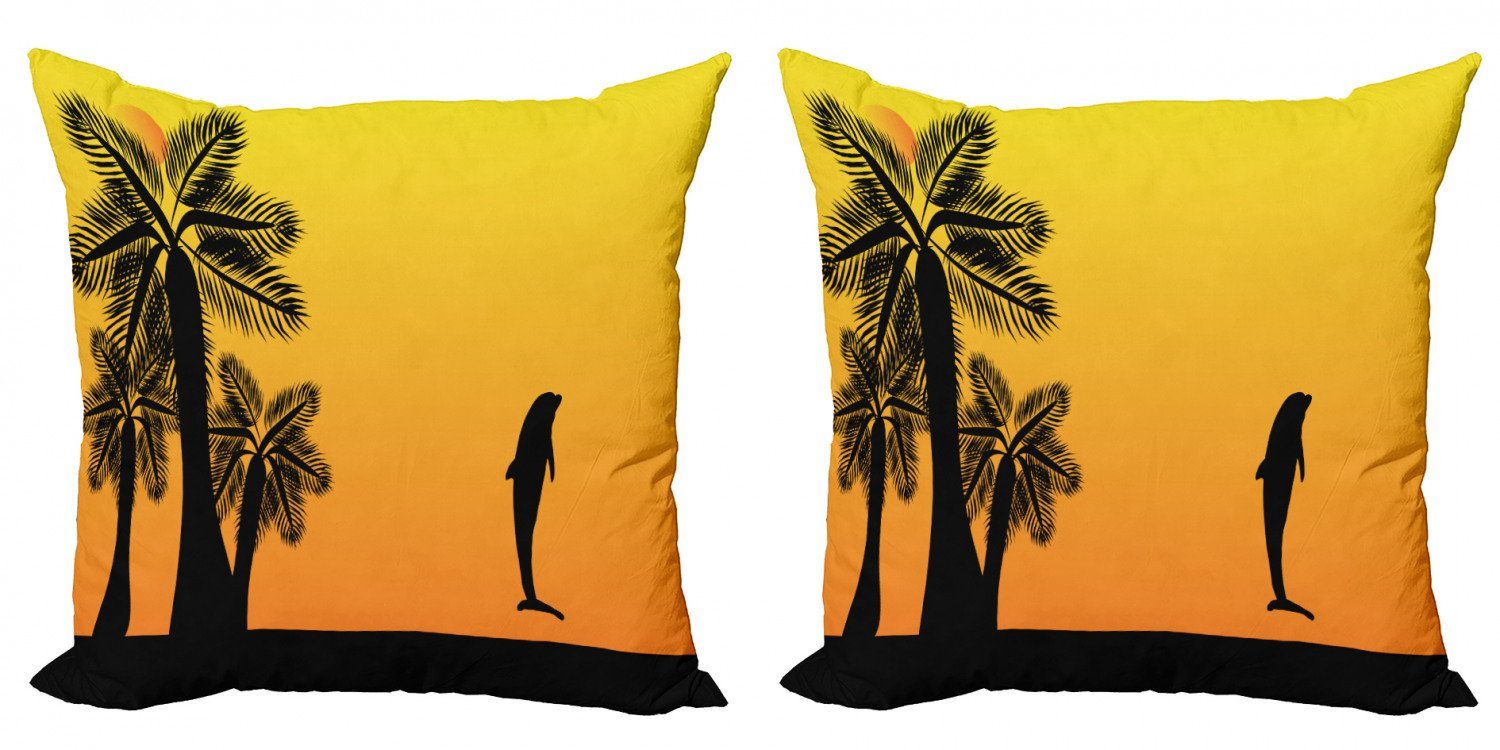 Kissenbezüge Modern Accent Doppelseitiger Digitaldruck, Abakuhaus (2 Stück), Orange und Schwarz Ombre Sunset Palms Dolphin