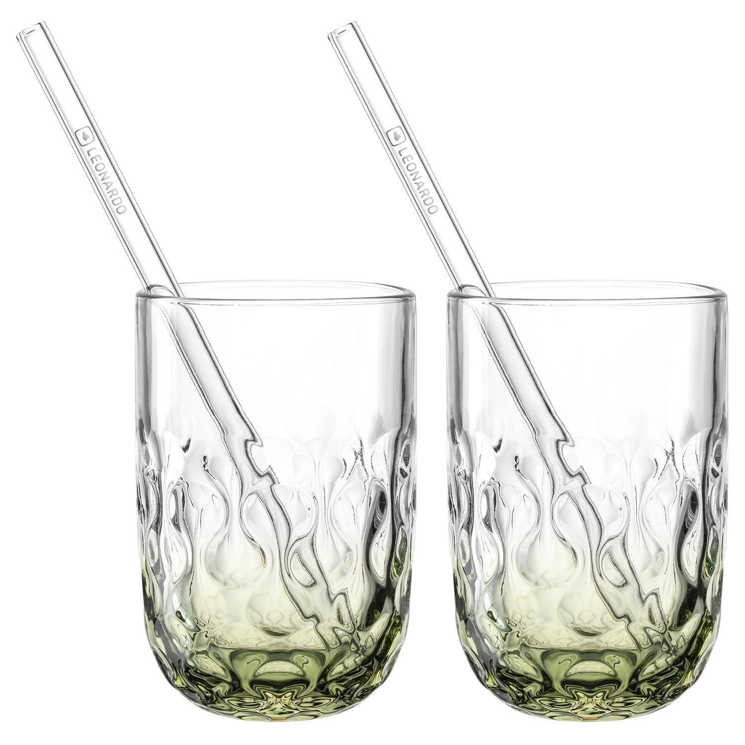 LEONARDO Latte-Macchiato-Glas Trinkgläser-Set GOCCE, Grün, Transparent, 4-tlg., Glas, 390 ml, inkl. Glastrinkhalmen, mit Reliefmuster