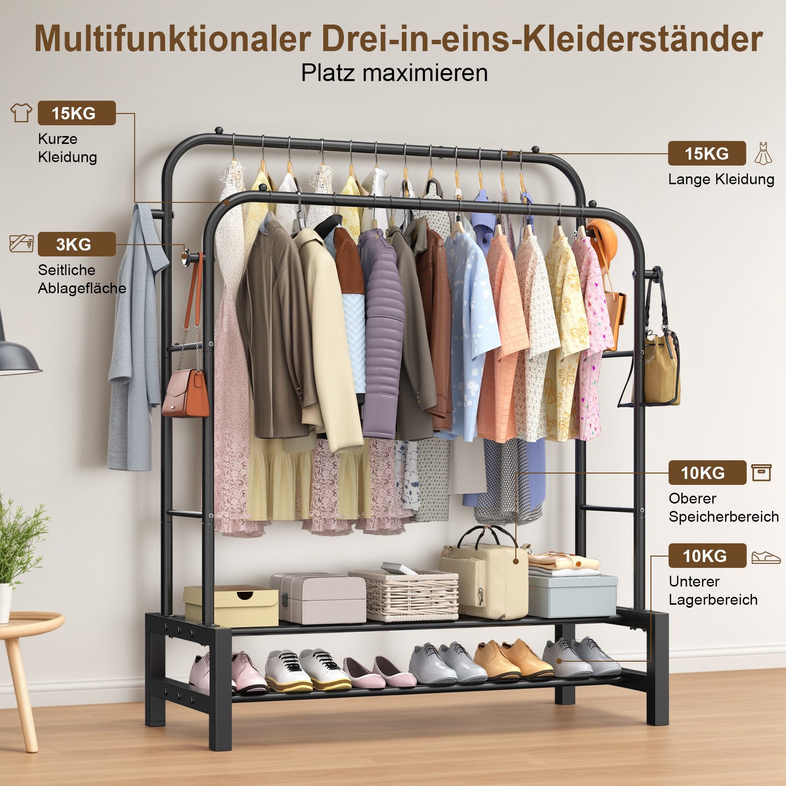 loefme Kleiderständer 3-in-1 Garderobenständer, Metall Kleiderstange offen, (mit doppelter Ablage & Seitenhaken), Einfache Montage Multifunktionaler Kleiderständer, Schwarz