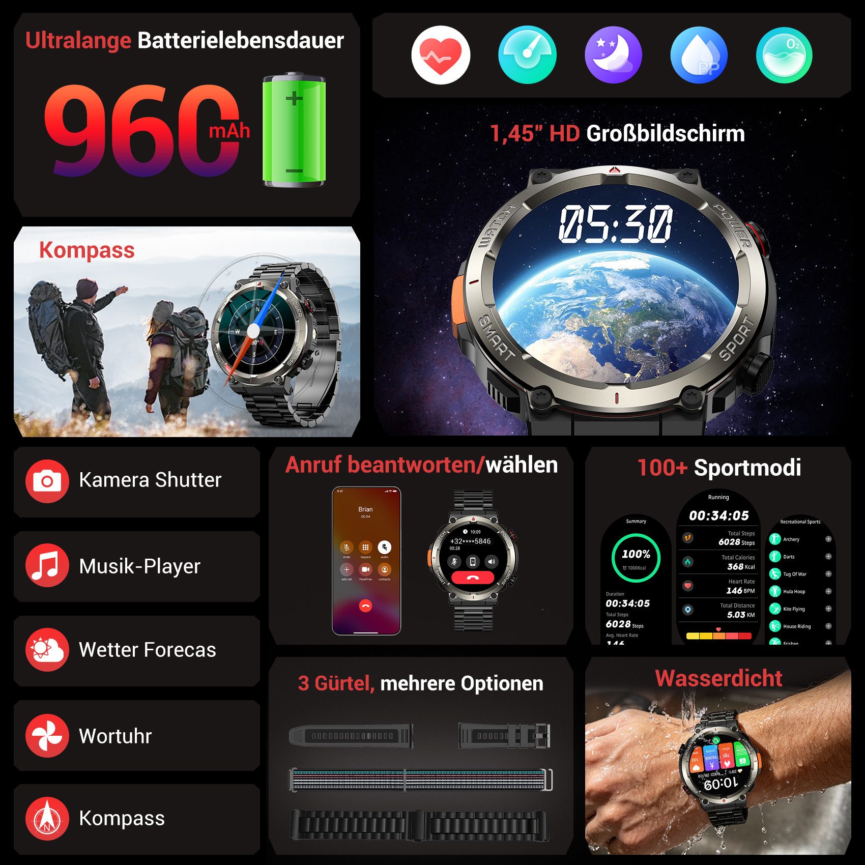 blackview Militärische Smartwatch für Herren mit 960mAh(30 Tage),Telefonfunktion Smartwatch (1.45 Zoll, iOS/Android), 3-tlg., 3 x Riemen / 2 x Riemen und Ladekabel, Sprachassistent,LED-Taschenlampe,Kompass,150+ Sportmodi,Schritten,IP68
