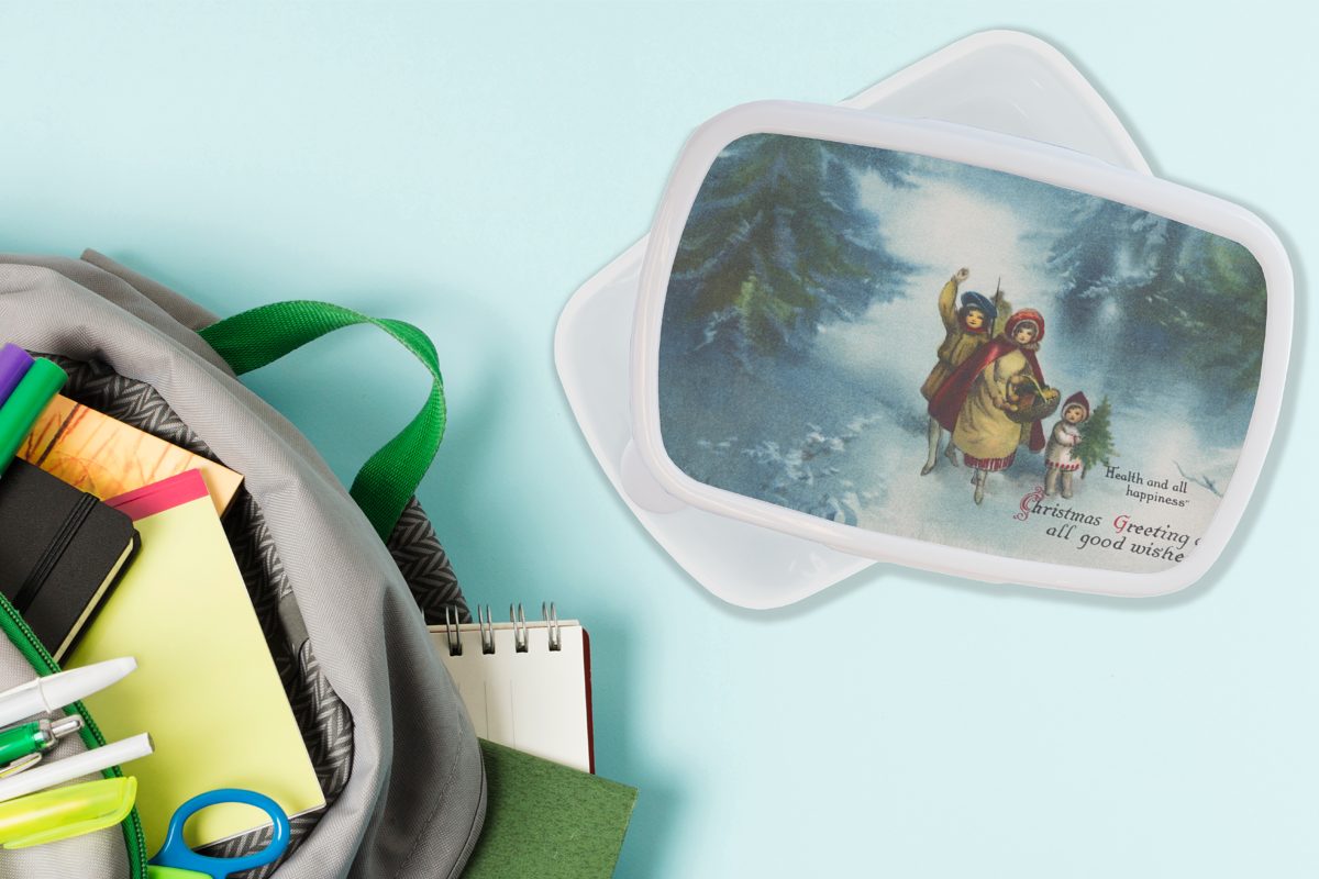 Lunchbox Brotdose, MuchoWow für Jungs - (2-tlg), für und Weihnachten, und Brotbox Schnee Mädchen - Kinder Kunststoff, weiß Erwachsene, Weihnachtsbotschaft