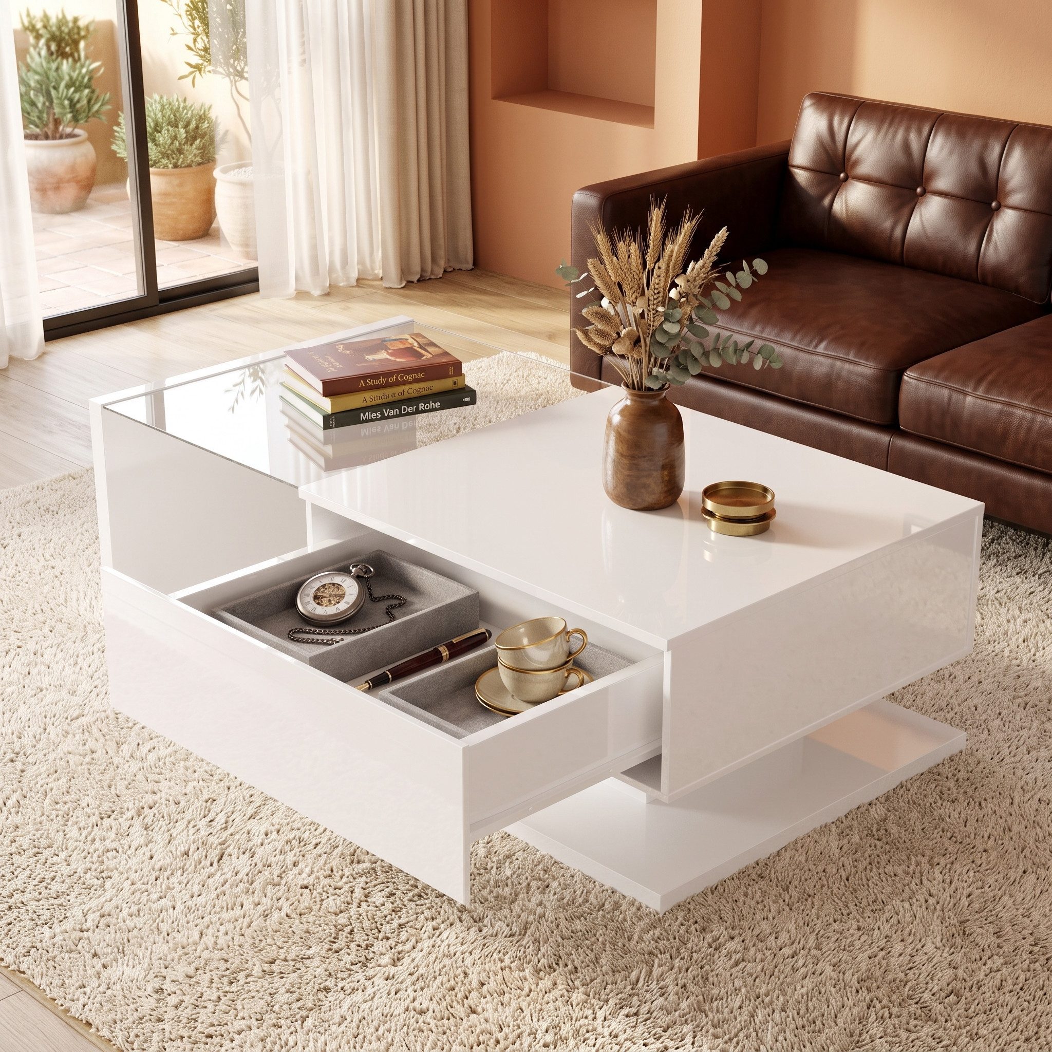 Totnz Couchtisch in Hochglanz mit Glasplatte und 16-farbiger LED-Beleuchtung (Beistelltisch mit Schublade), Sofatisch mit Ablagefach, Wohnzimmertisch