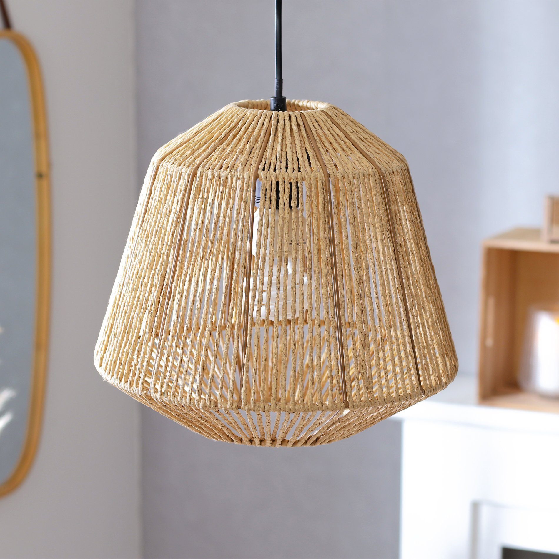 Home-trends24.de Hängeleuchten Hängelampe LED Rattan Optik Boho Natur Lampenschirm Leuchte D29cm, ohne Leuchtmittel, LED wechselbar