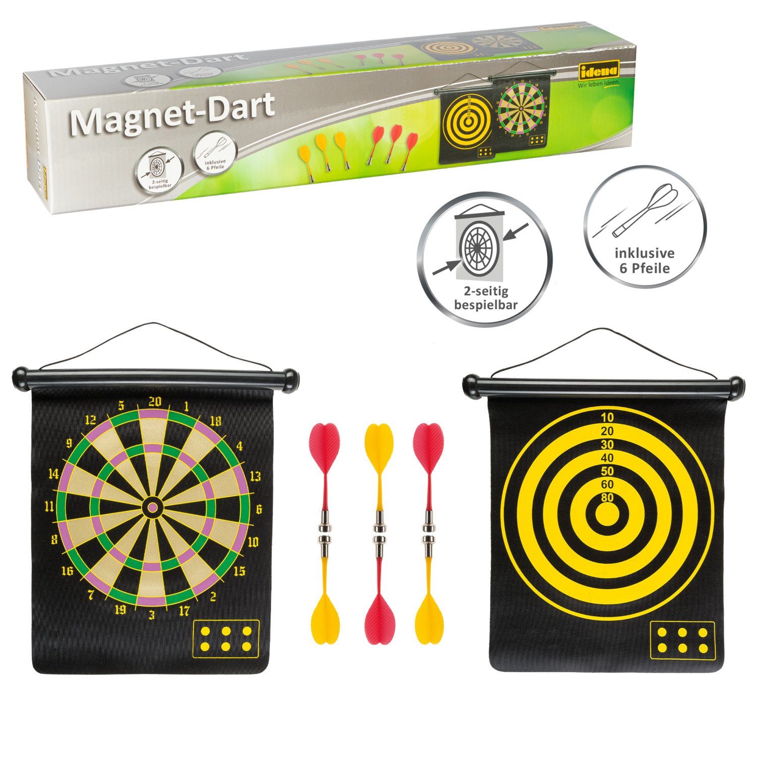 Idena Dartscheibe Idena 40462 - Dartspiel mit 2 Dartscheiben und 6  magnetischen Pfeilen, (Set), magnetisch