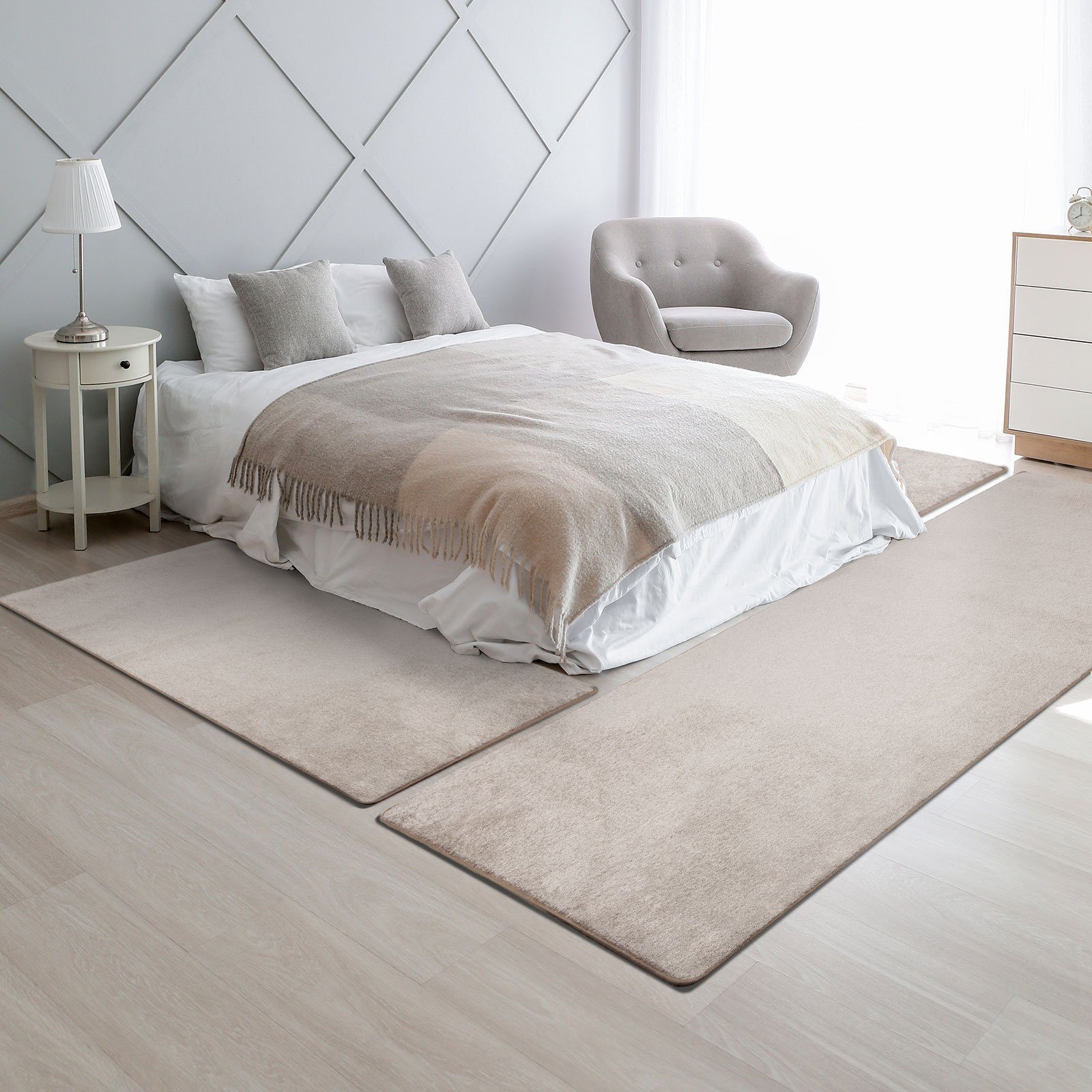 Hochflor-Bettumrandung Sundae Beige 69, 3 Größen, Teppichläufer, Läufer-Set Floordirekt, Höhe 13.55 mm, (3-tlg), Velours