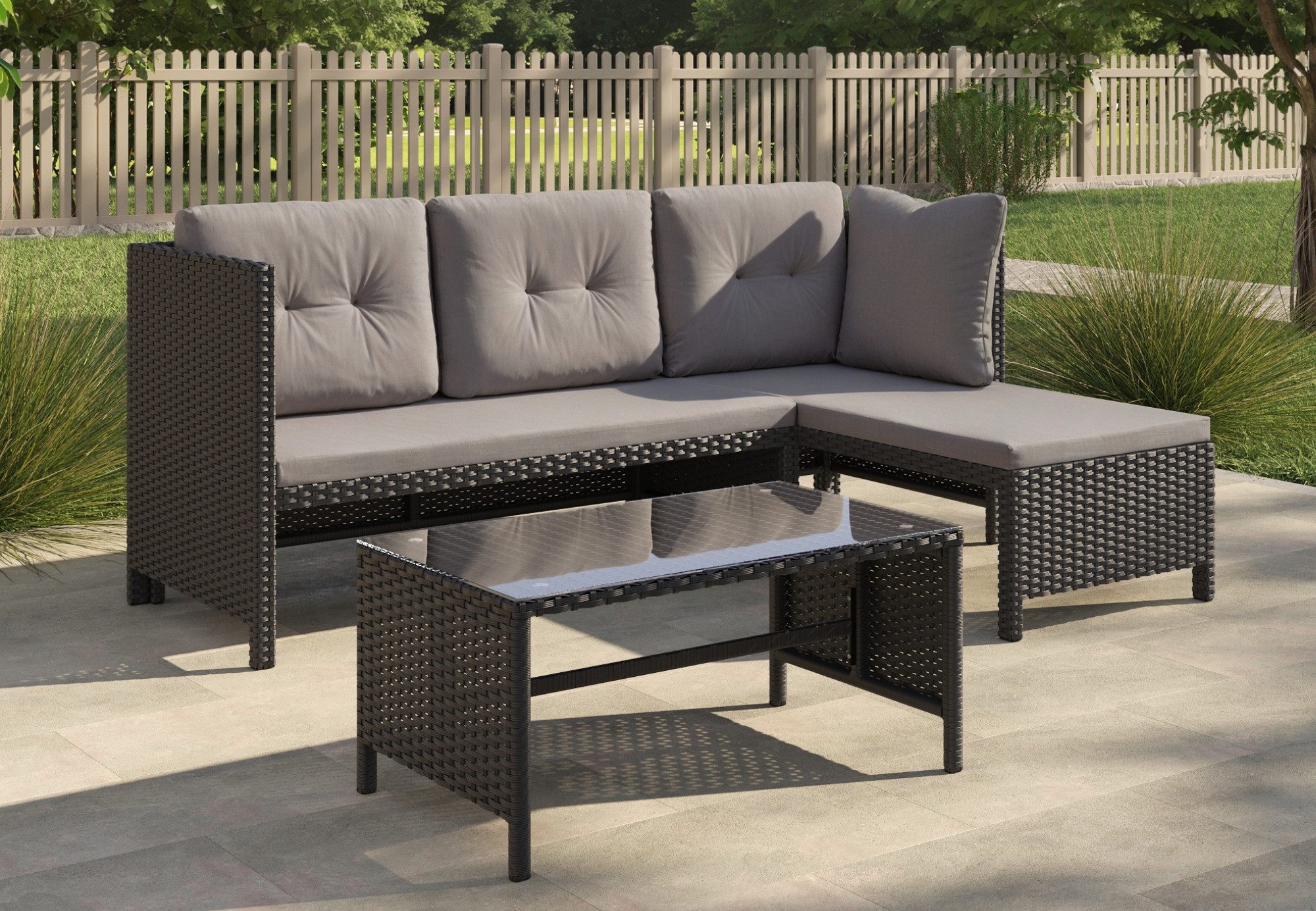 Home Collective Gartenlounge-Set Lounge Möbel Outdoor Sofa Gartenmöbel Outdoormöbel Polyrattan schwarz, 180x120x63,5 cm (BxTxH), mit Tisch, inkl. Polster & Kissen, Dunkelgrau
