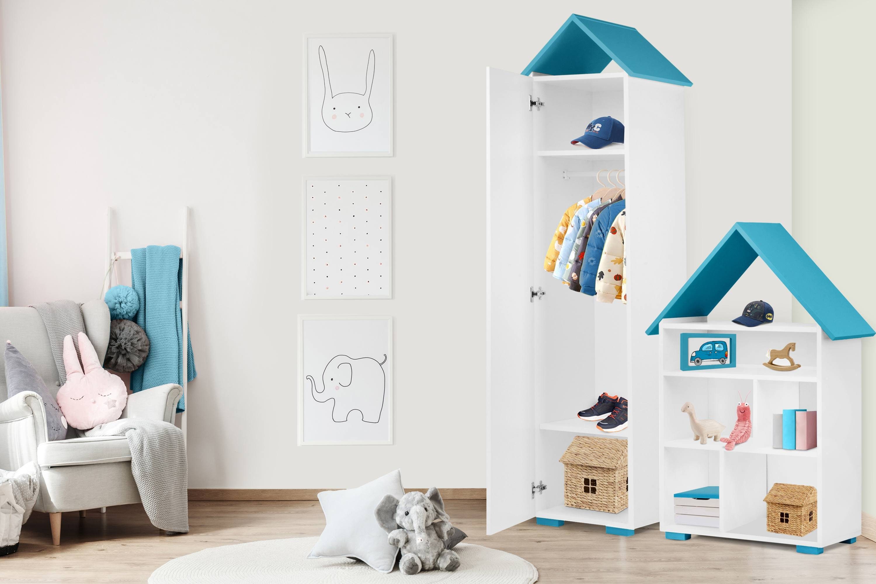 zu Kinder-Garderobe PABIS Kinderkleiderschrank mit und Stange ABS-Kanten Konsimo Kinderkleiderschrank Kinderzimmer weiß/blau Ablageflächen,
