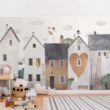 Bilderdepot24 Kindertapete Reihenhäuser Illustration Kinder pastell moderne Wanddeko XXL, Glatt, Matt, (Inklusive Gratis-Kleister oder selbstklebend), Mädchenzimmer Jungenzimmer Babyzimmer Bildtapete Fototapete Wandtapete