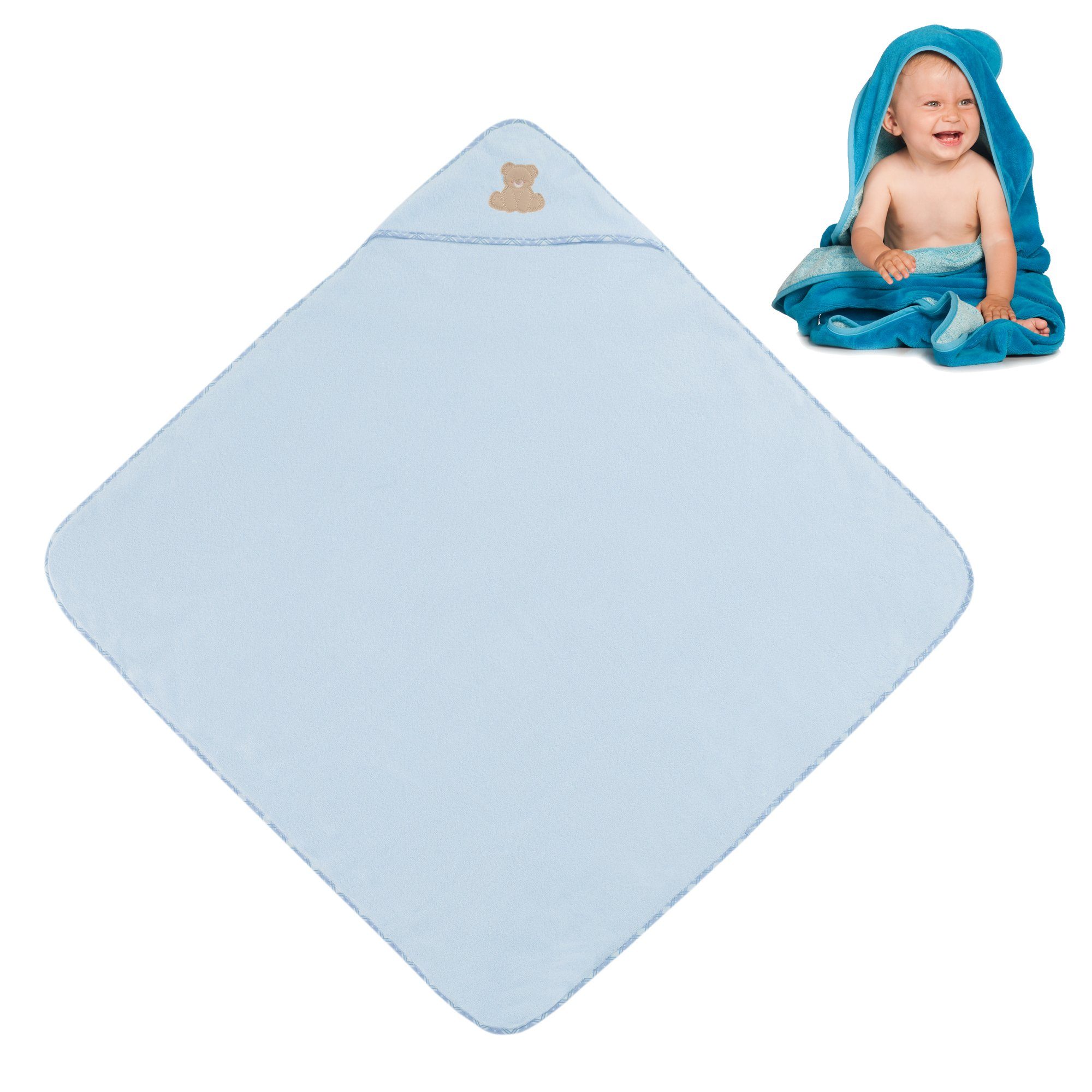 Vossen Kapuzenhandtuch Teddy, Baumwolle (1-St), Baby Handtuch Kapuzenbadetuch Baumwolle Frottee 100x100cm Blau