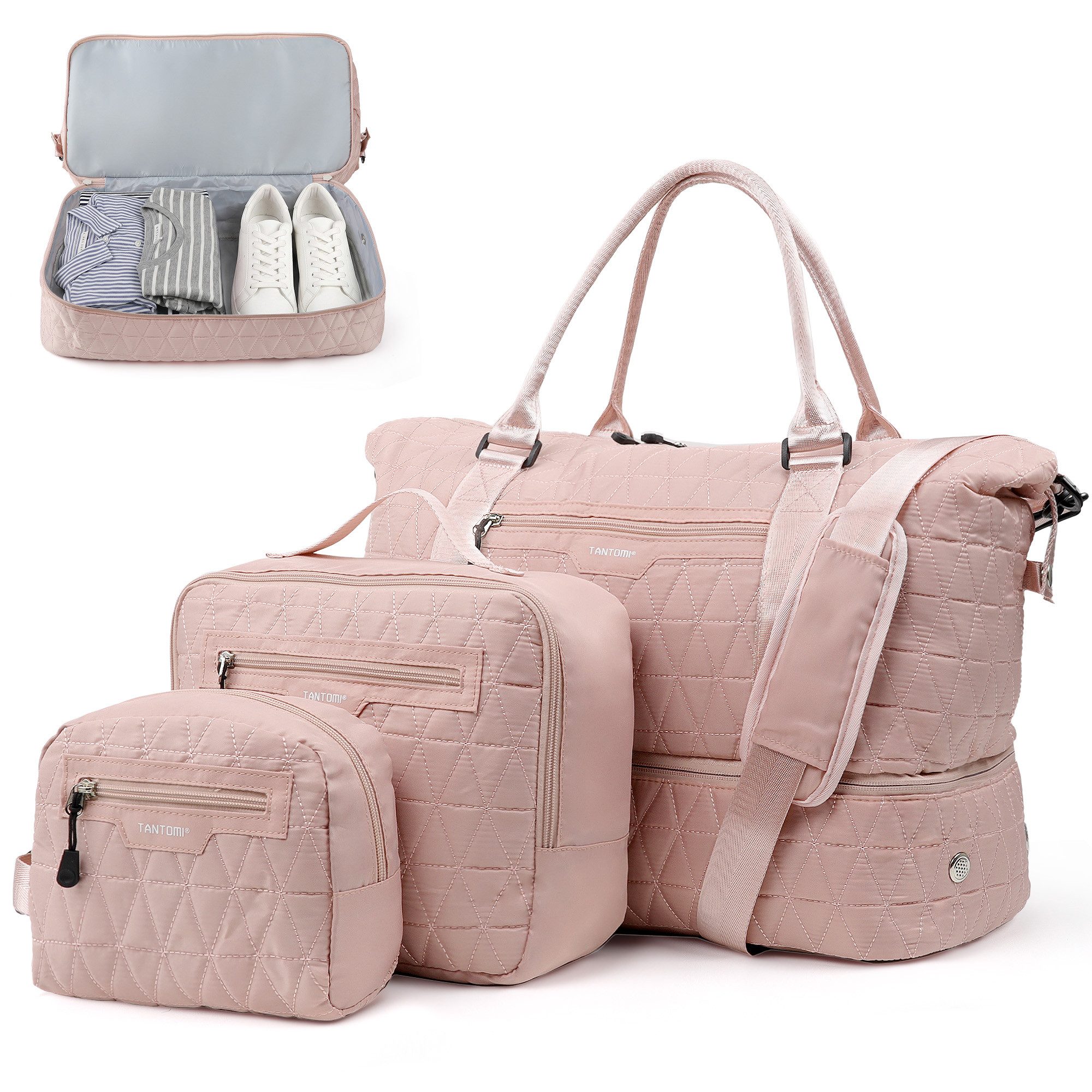 TANTOMI Reisetasche 3-Tlg Set Reisetasche Groß, Weekender Handgepäck Tasche (Erweiterbares Weekender Bag mit Nassfach), Leichte Travel Bag mit Schuhfach Kulturbeutel