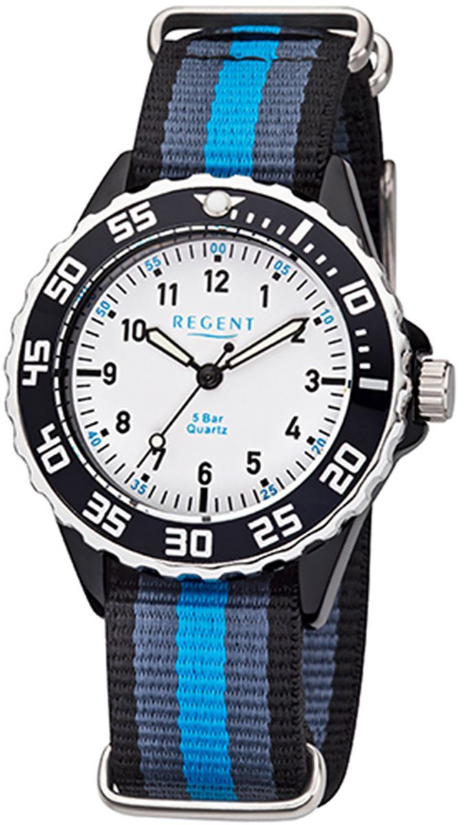 Regent Quarzuhr Regent Kinder Jugend-Armbanduhr blau mittel rund, grau, Textilarmband (ca. 35mm), Kinder Armbanduhr