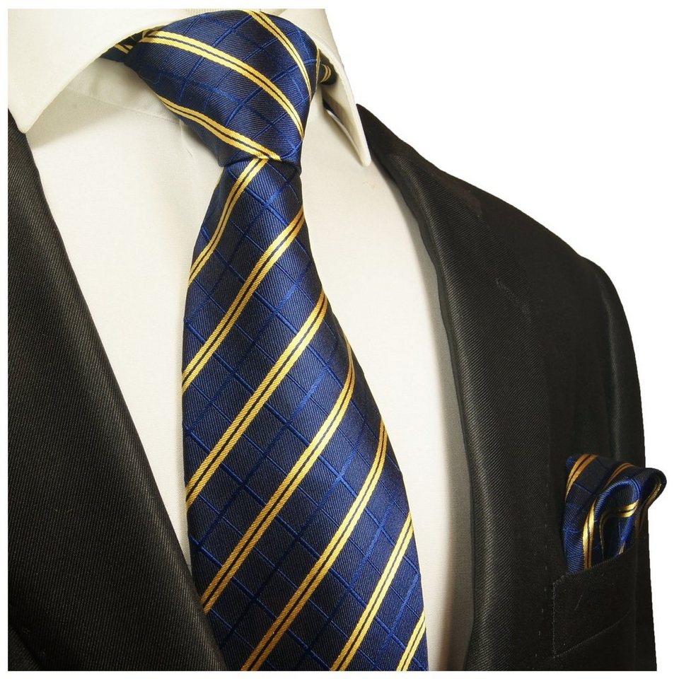Paul Malone Krawatte Moderne Herren Seidenkrawatte mit Tuch gestreift 100%  Seide (Set, 2-St., Krawatte mit Einstecktuch) Schmal (6cm), blau gold 2021