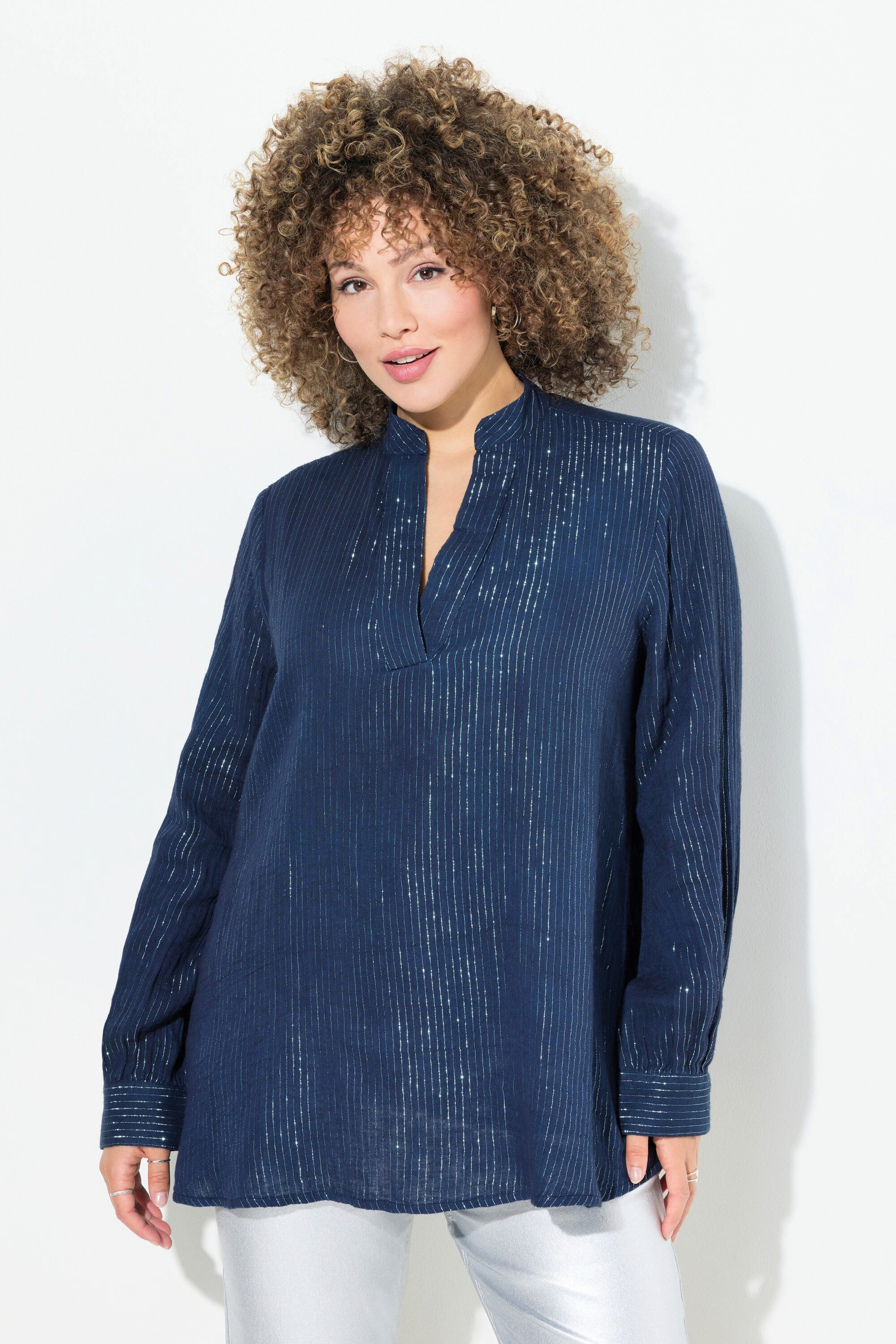 Longbluse Bluse Metallic-Streifen A-Linie V-Ausschnitt