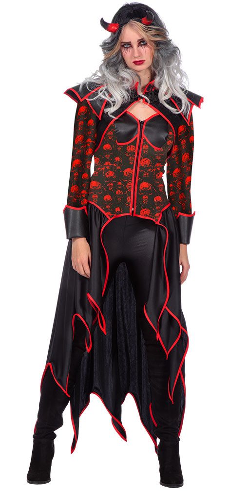 Karneval-Klamotten Teufel-Kostüm Damen hochwertig Teufelsfrack m. Weste schwarz rot, Halloweenkostüm Frauenkostüm Teufel Jacke Mantel Devil Satan Lucifer