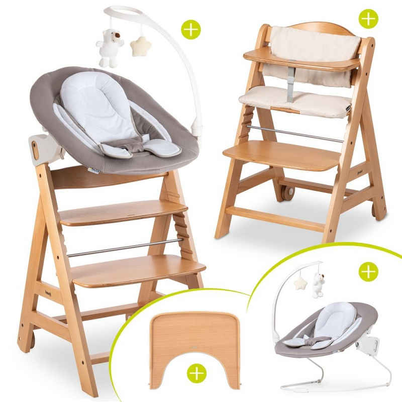 Hauck Hochstuhl Beta Plus Natur - Newborn Set Deluxe, Holz Babystuhl ab Geburt, Aufsatz für Neugeborene, Sitzkissen, Tisch