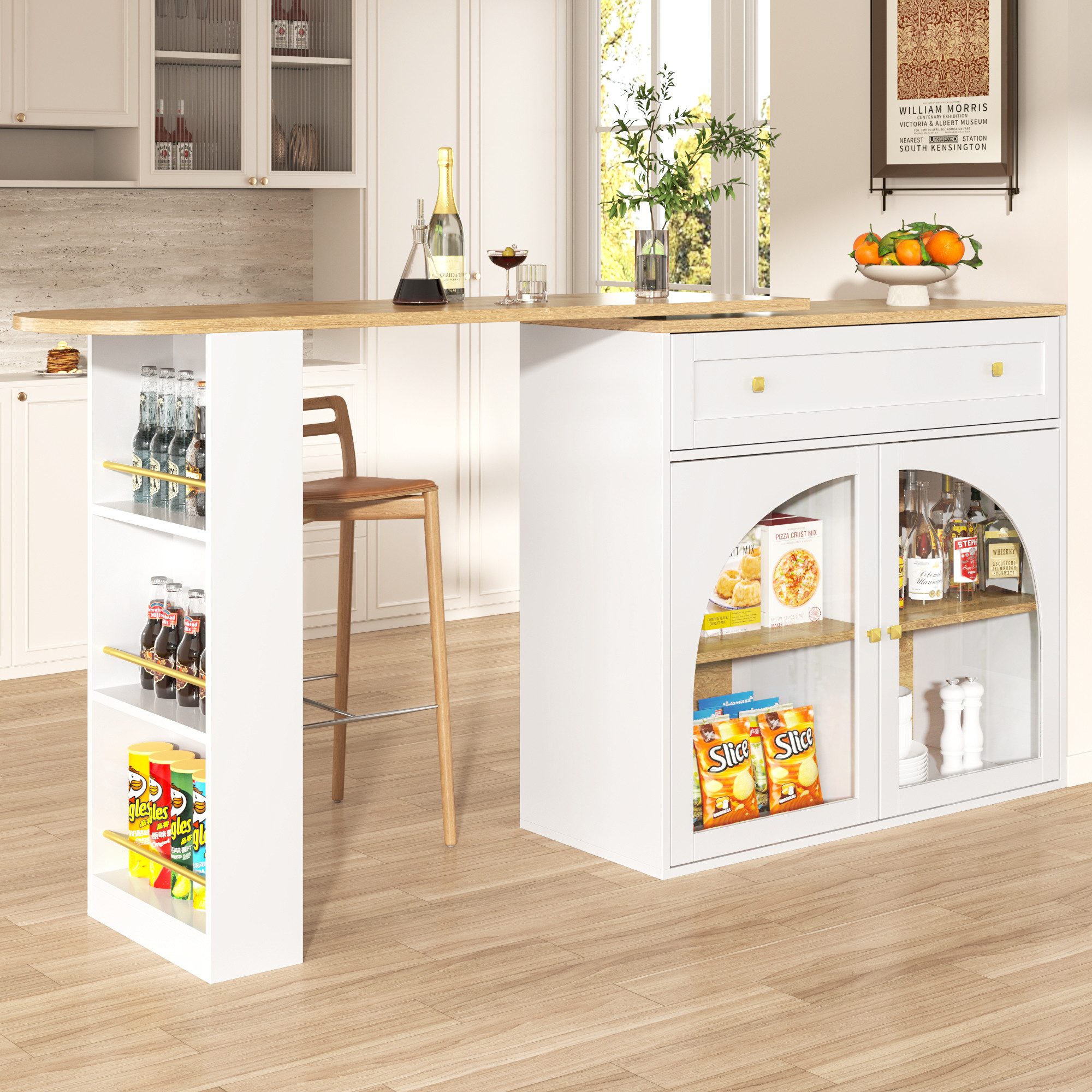 i@home Bartisch Essbar,Kücheninsel,Bistro Table,weiß /schwarz (Packung set, 1 Tisch), 360° drehbare,mit Stauraum und Sideboardschrank,138-204×39×104cm