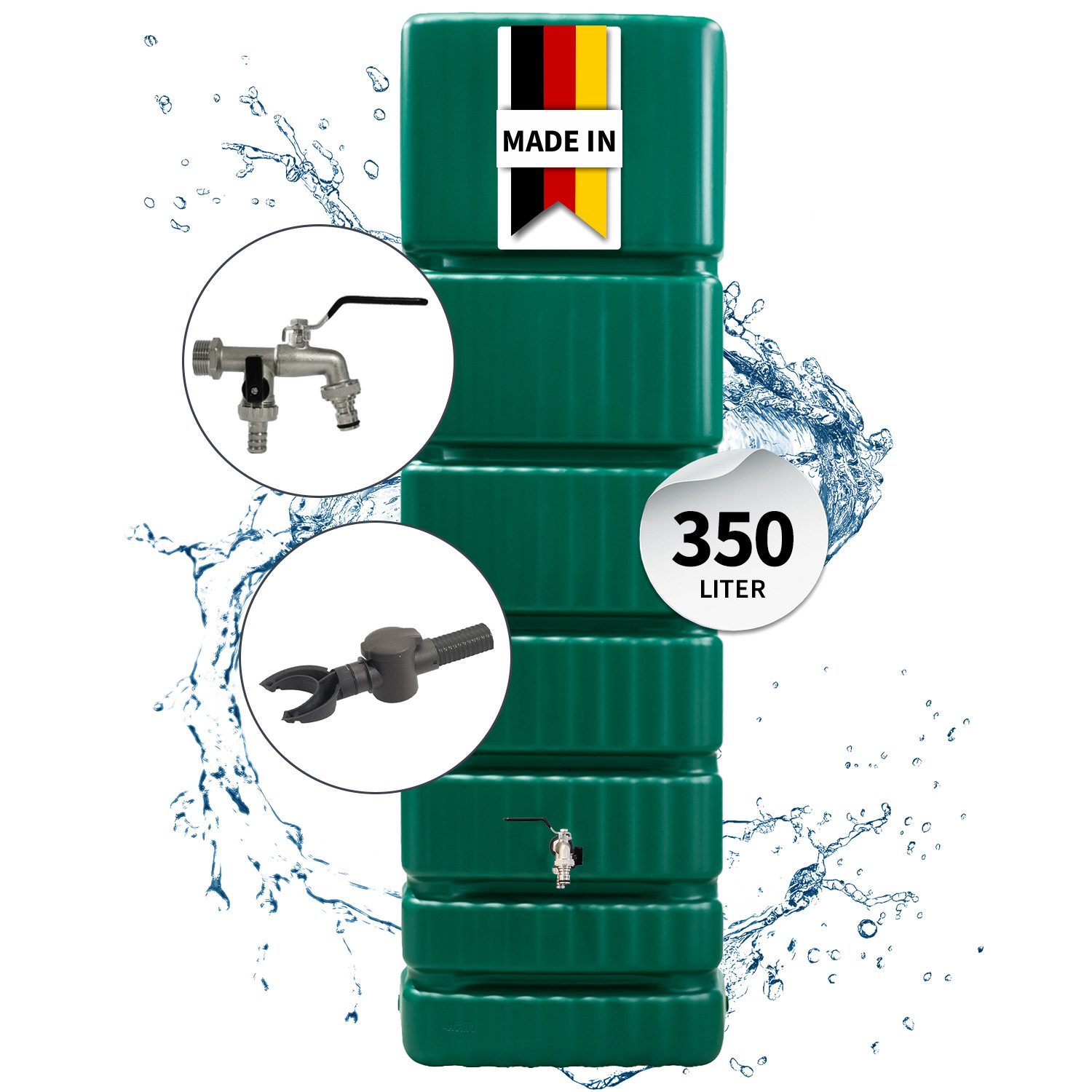 4rain Regentonne SLIM Regentonne Wandtank Komplett-Set 350 L, dunkelgrün, 350 l