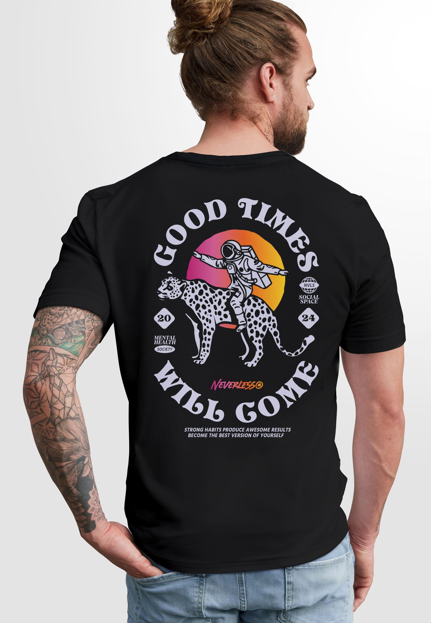 Neverless Print-Shirt Herren T-Shirt Backprint Rücken-Aufdruck Brustlogo Space Tiger Good mit Print