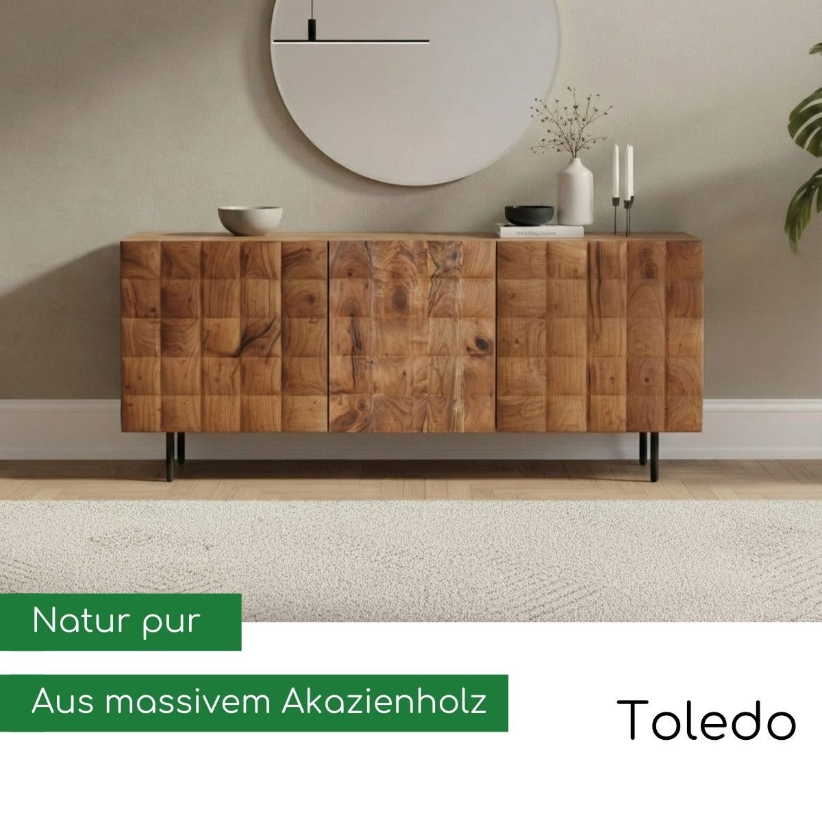 CASA DOMA Sideboard Toledo, Massivholz Akazie, Relief-Optik, Metallfüße