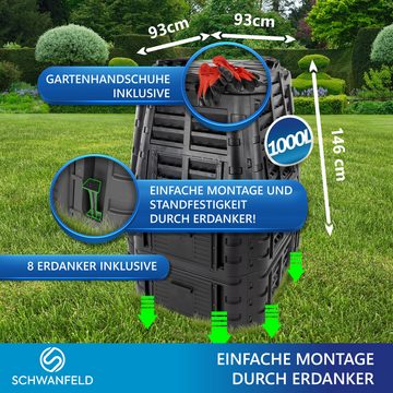 Schwanfeld Thermokomposter 740l Premium Thermokomposter - [GERUCHSDÄMMENDER KOMPOSTER GARTEN], (inkl. Schutznetz - hochwertiger Komposter Schnellkomposter wetterfest - einfache Montage/Robustes Material)