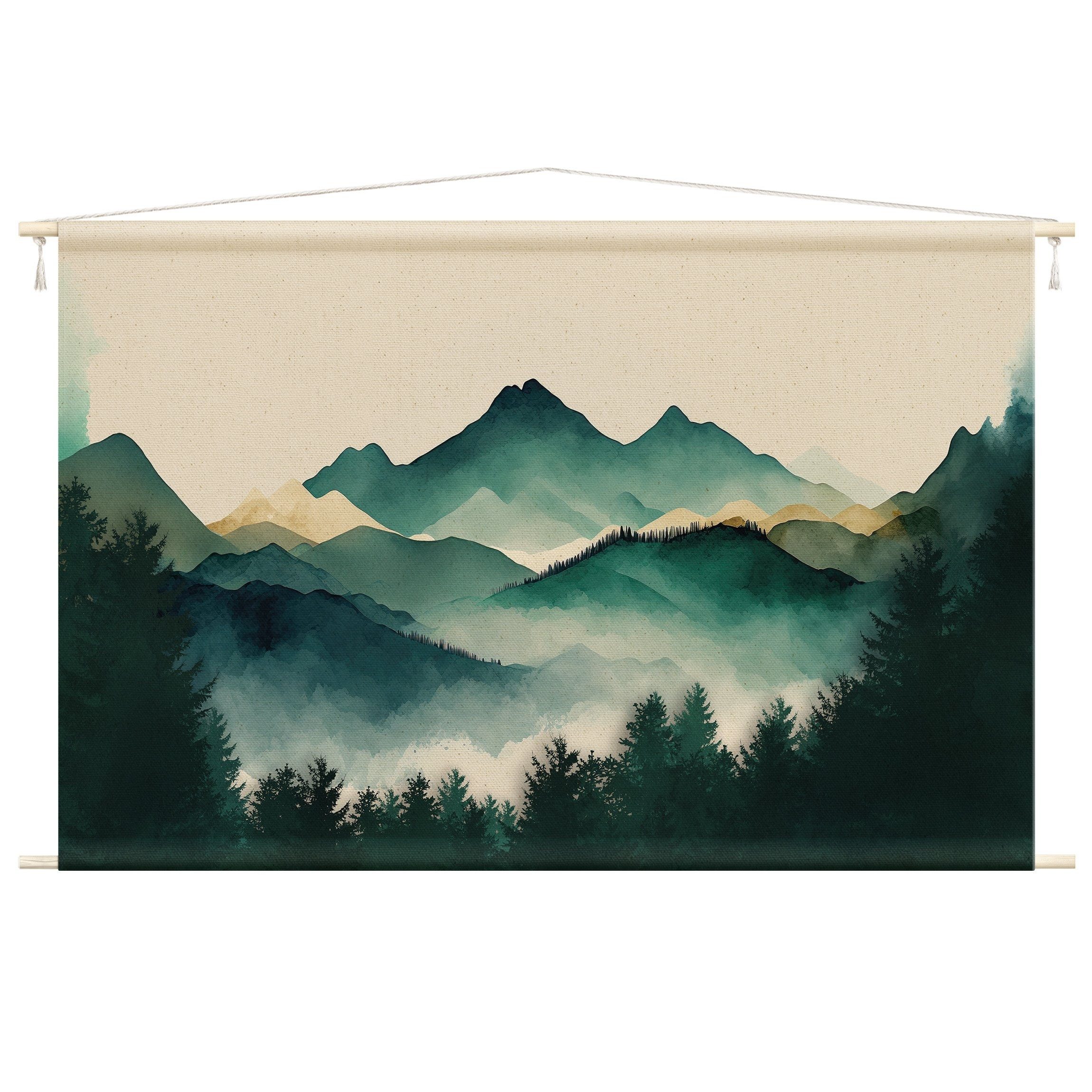Bilderdepot24 Wandteppich modern Aquarell Natur Berge grün, rechteckig, Höhe: 2.6 mm, großes Wandbild aus Natur-Baumwolle Wandbehang Stoffbild Tuch Wollseil