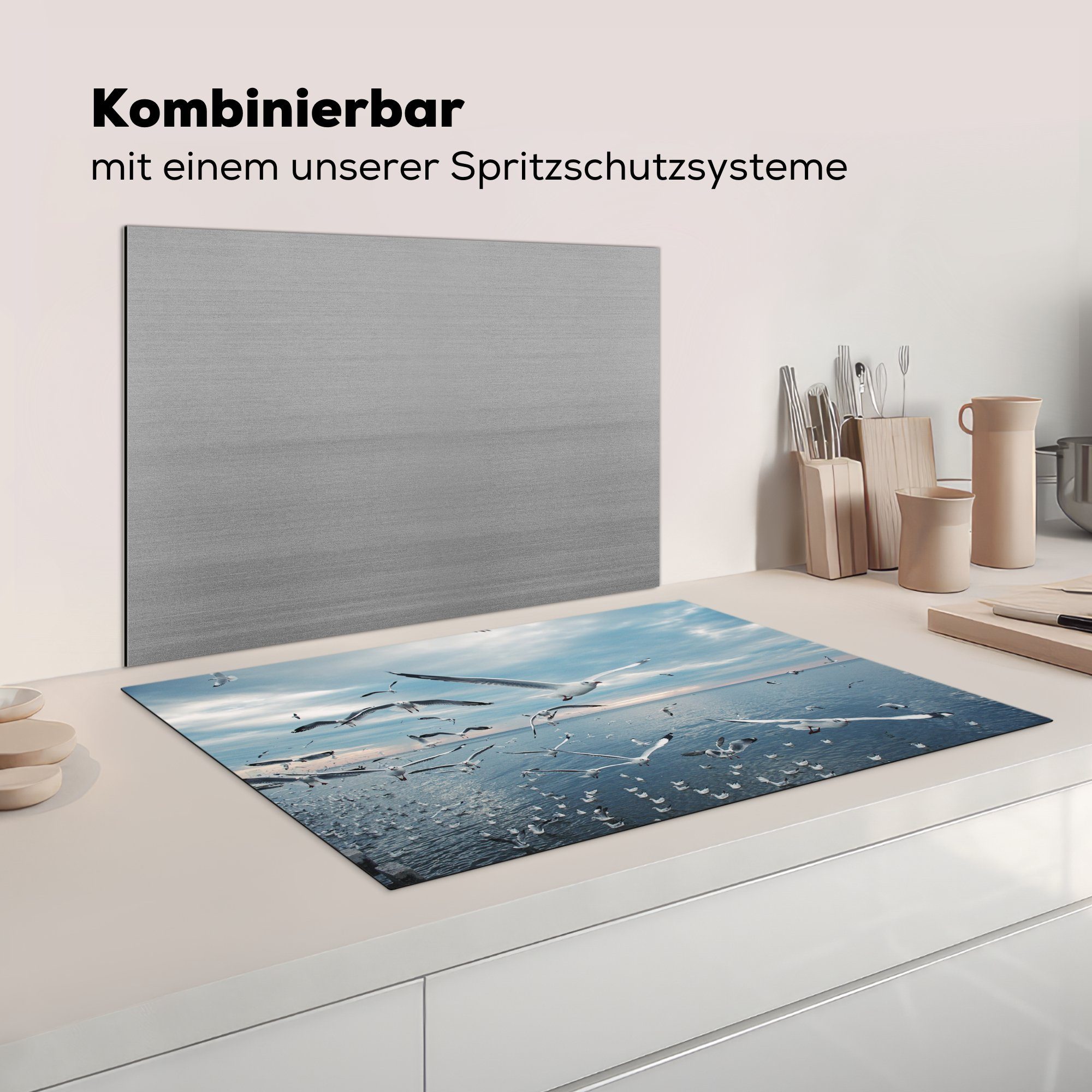 Vinyl, cm, Meer Schutz Herdblende-/Abdeckplatte - 81x52 MuchoWow küche, die Induktionskochfeld - Ceranfeldabdeckung (1 tlg), Vogel für Schwarm,