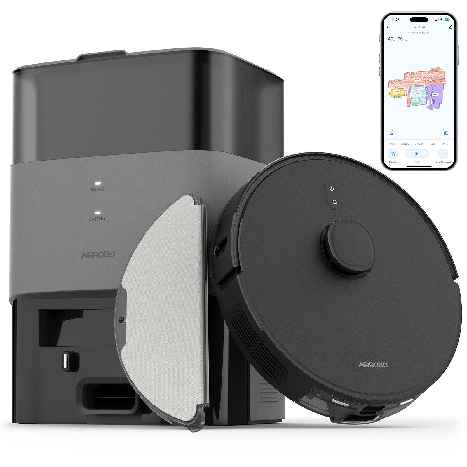 AIRROBO Nass-Trocken-Saugroboter T20+, 2600Pa, 180 Minuten Laufzeit, mit Wischfunktion, Absaugstation, 36 W
