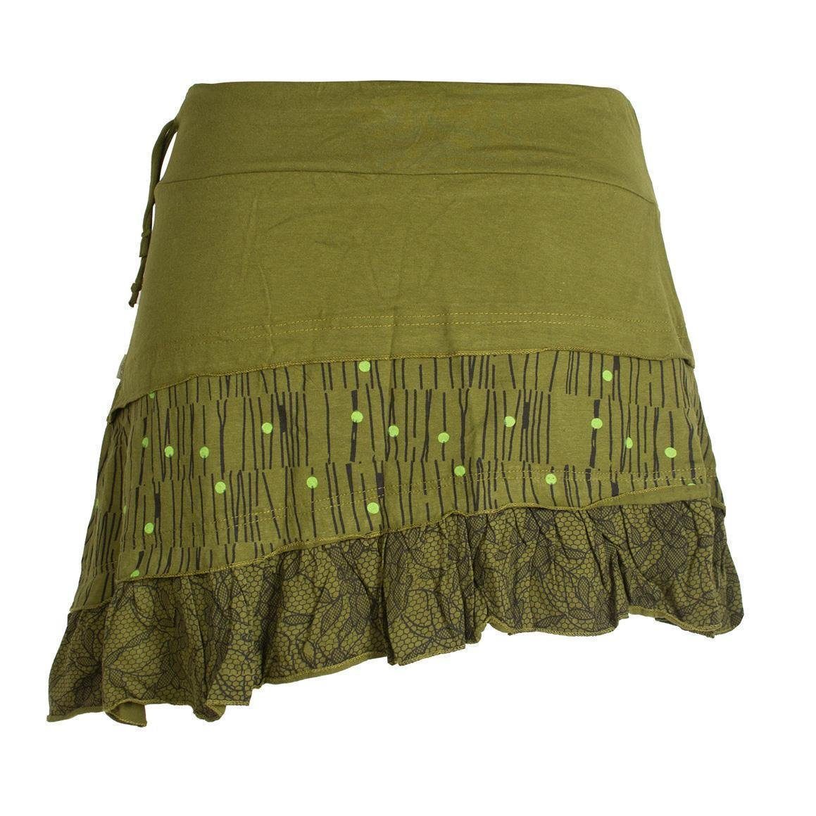 Asymmetrischer Taschen, Rüschenrock Rock Hippie, Ethno, olive Vishes Style mit Blümchen Rüschen, Festival Goa,
