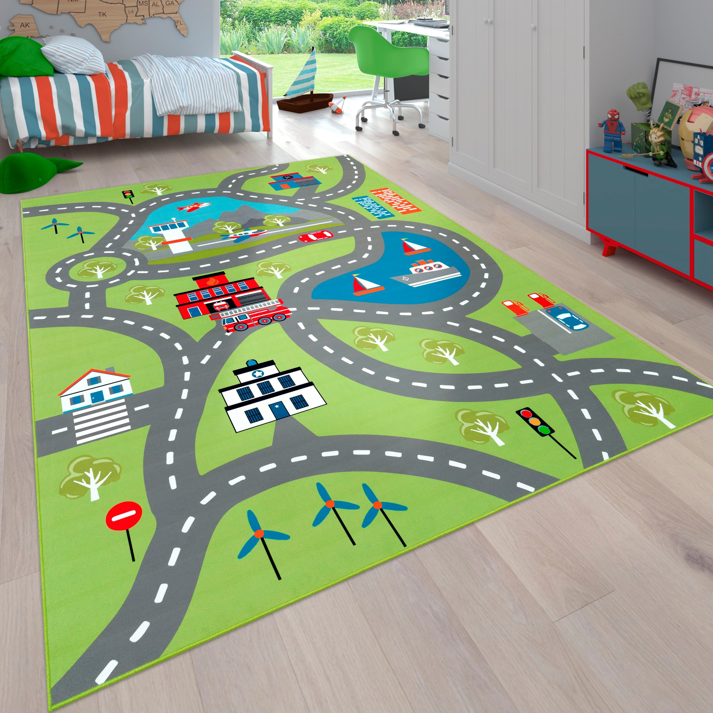 Kinderteppich Bino 562, Paco Home, rechteckig, Höhe: 9 mm, Kurzflor,  Straßen-Spiel-Teppich, Motiv Flughafen, Kinderzimmer