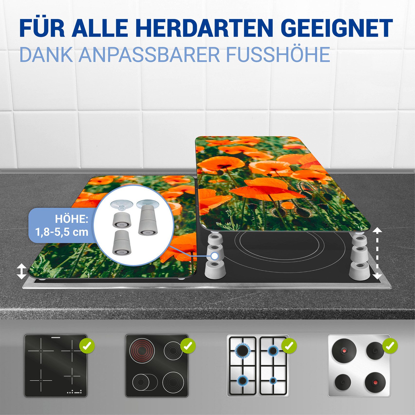 WENKO Herd-Abdeckplatte Universal Modell Mohnfeld, Glas, Kunststoff, (Set, 2 tlg), Herdabdeckung für alle Herdarten, kratzfest, mit rutschfesten Füßen