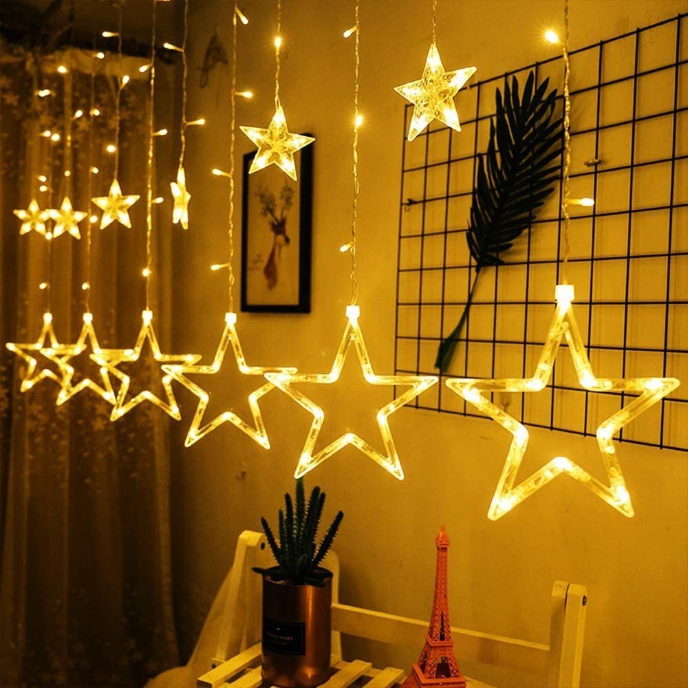 OBOVO LED Sterne Lichterkette mit Schneeflocke,138 LED Erweiterbar Lichtervorhang Lichterkette mit Fernbedienung und Timer,8 Modi Warmweiß Weihnachtsbeleuchtung für Innen Außen Zimmer Weihnachten Deko 