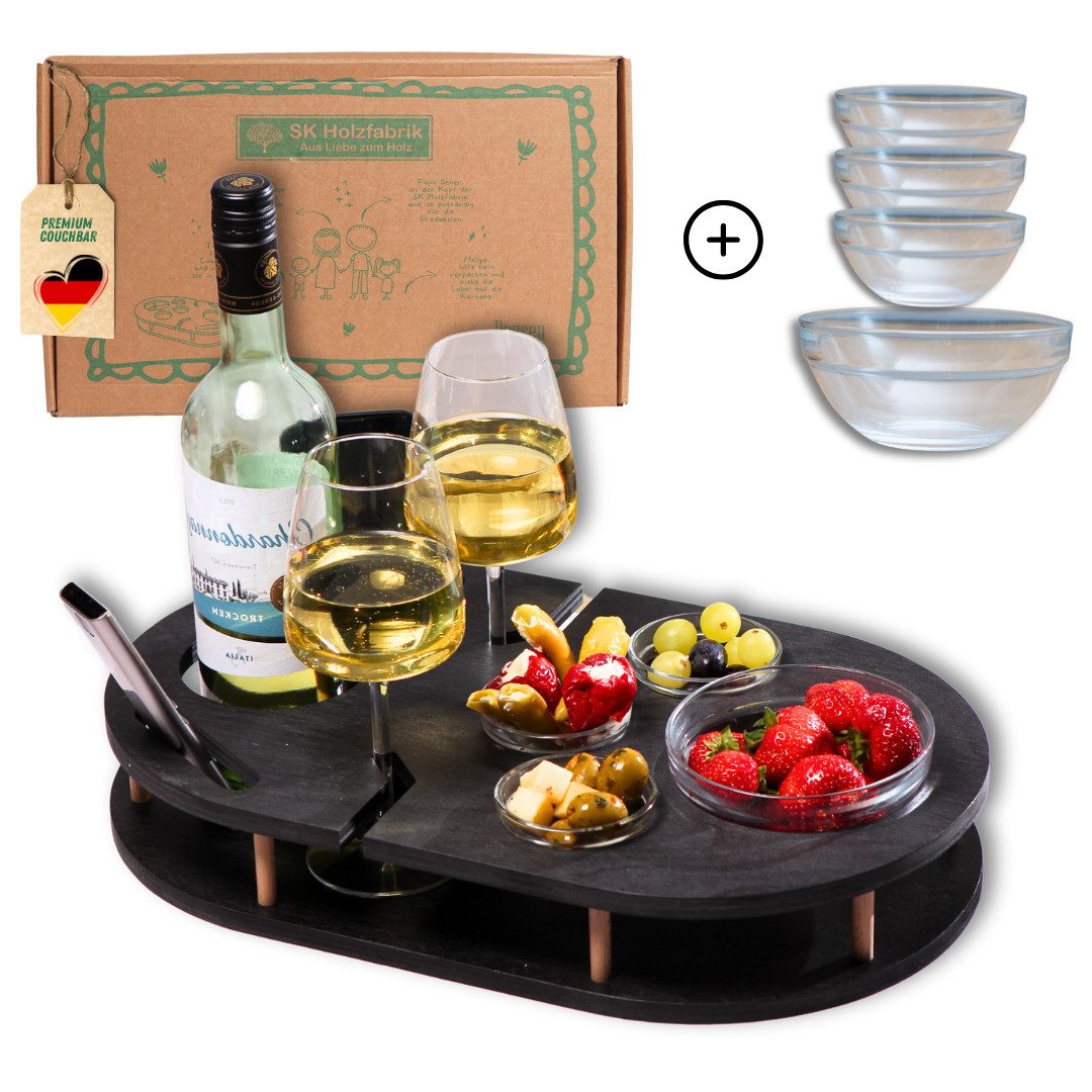PEGSEN Servier-Set Weinbar Couchbar mit 4 Glasschalen, Weingläser & Snacks stehen stabil und sicher