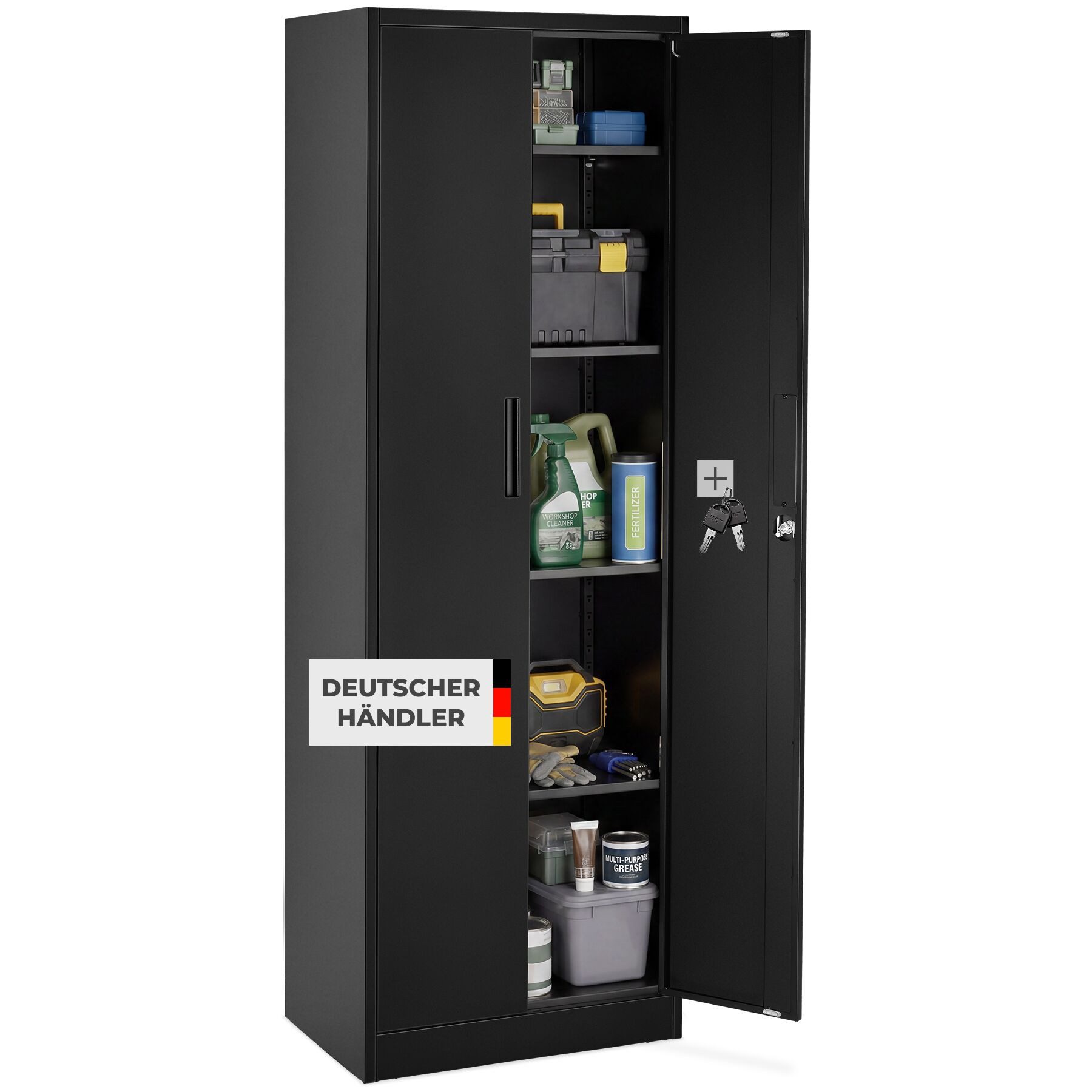 tectake Aktenschrank Dokumentenschrank aus Stahl abschließbar, 60 x 40 x 180,5 cm (Büroschrank Brandon, 1-St., in schwarz) 4 verstellbare Zwischenböden, mit Magnetverschluss, Kippschutz
