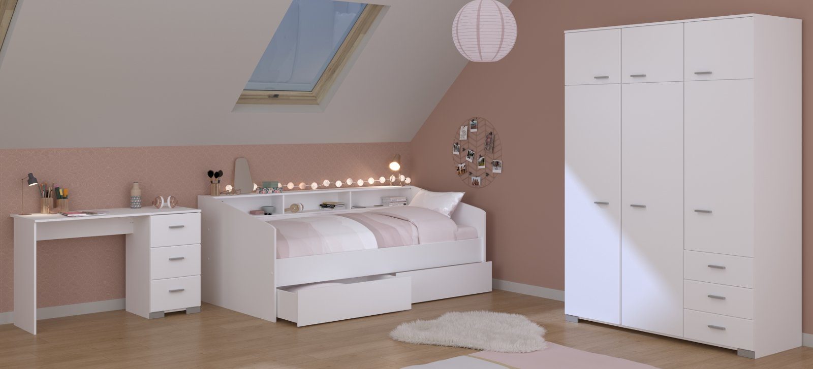 Parisot Jugendzimmer-Set Sleep, (Kinderzimmer in weiß, mit Stauraumbett, Kleiderschrank und Schreibtisch), mit viel Stauraum