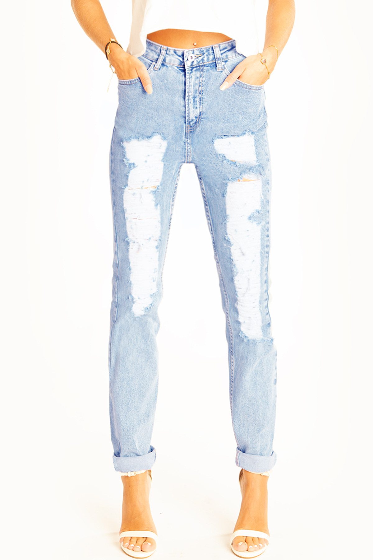 be styled Destroyed-Jeans Zerrissene slim fit High Waist Jeans used Röhren Hose - Damen - j24k-L High waist
