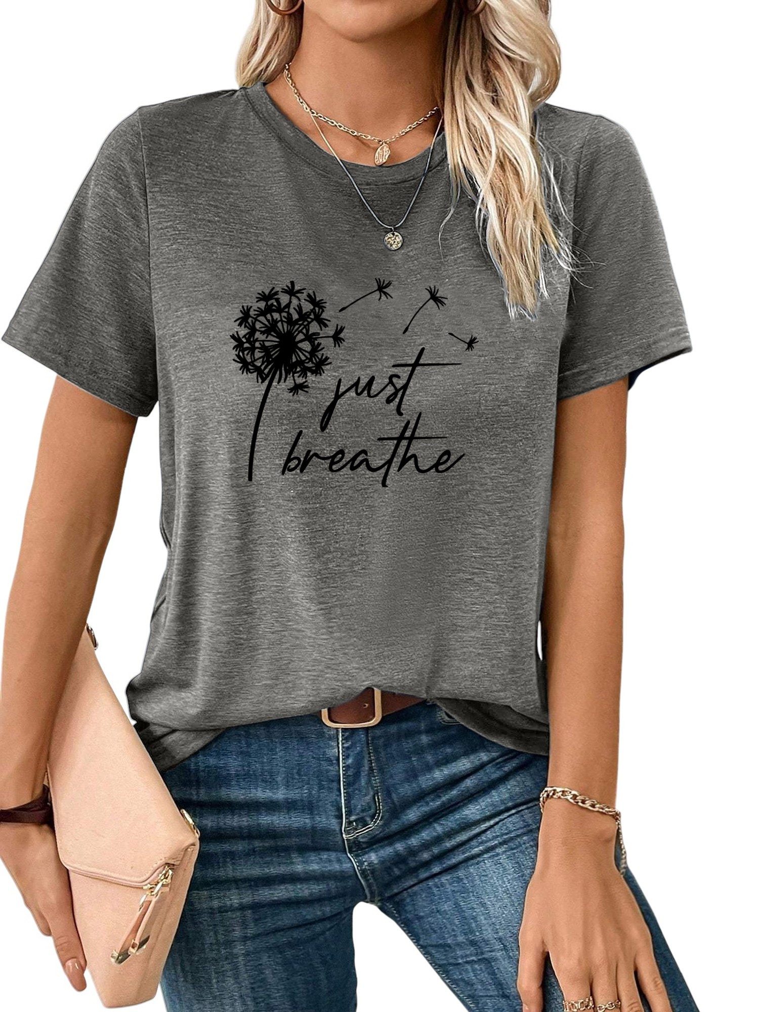 PYLIKE Kurzarmshirt Damen Sommer Casual T-Shirt mit Löwenzahn Print Tee