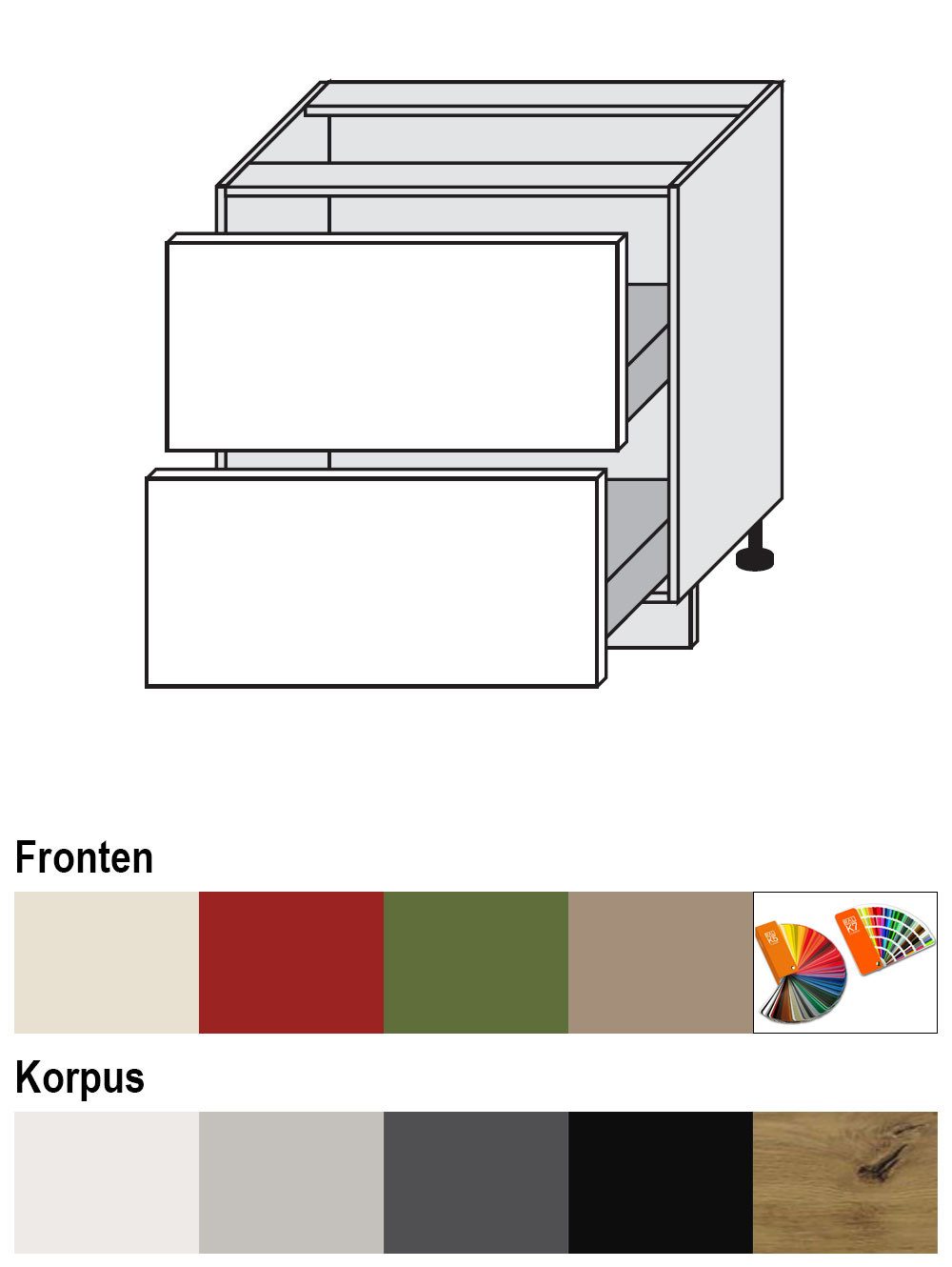 Feldmann-Wohnen Unterschrank Brerra (D2M/80, 2 Schubladen, Blum Metabox Teilauszug, 1-St., moderne Optik, lackierte Fronten, 80x50x82cm) lava / RAL 6025 farngrün matt