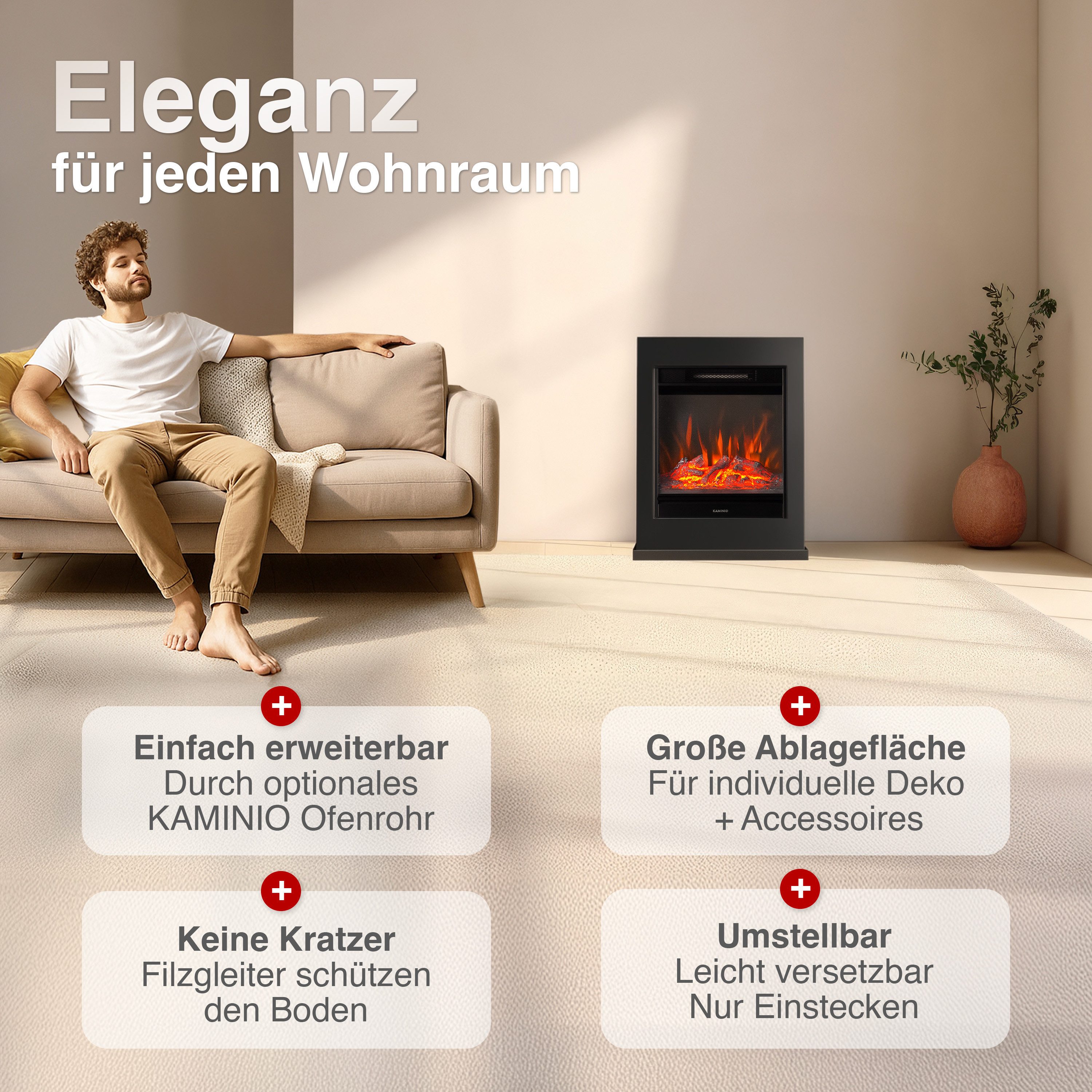 KAMINIO Elektrokamin KALLE, Elektrischer Kamin mit 3D-Flammeneffekt, Heizung 1800W