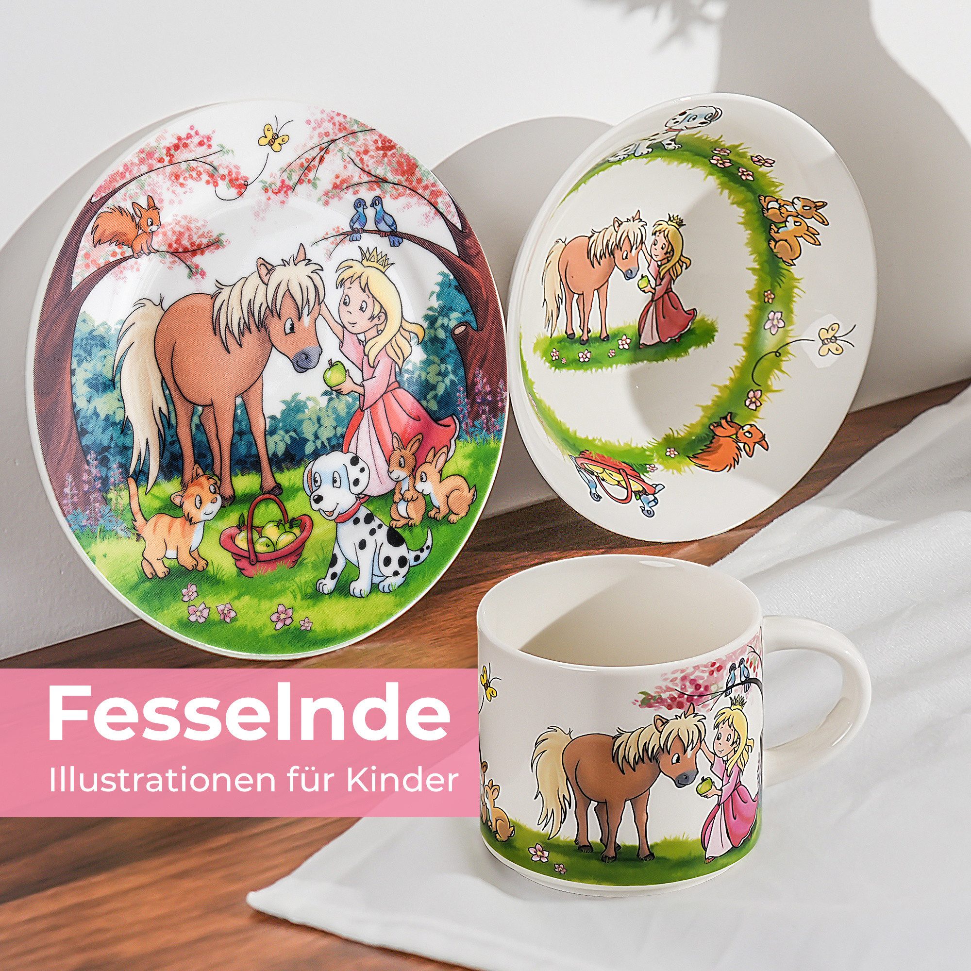 MiaMio Kindergeschirr-Set Prinzessin Motiv Rosa (3-tlg), 1 Personen, Keramik, Teller, Schüssel und Tasse mit Kindermotiv