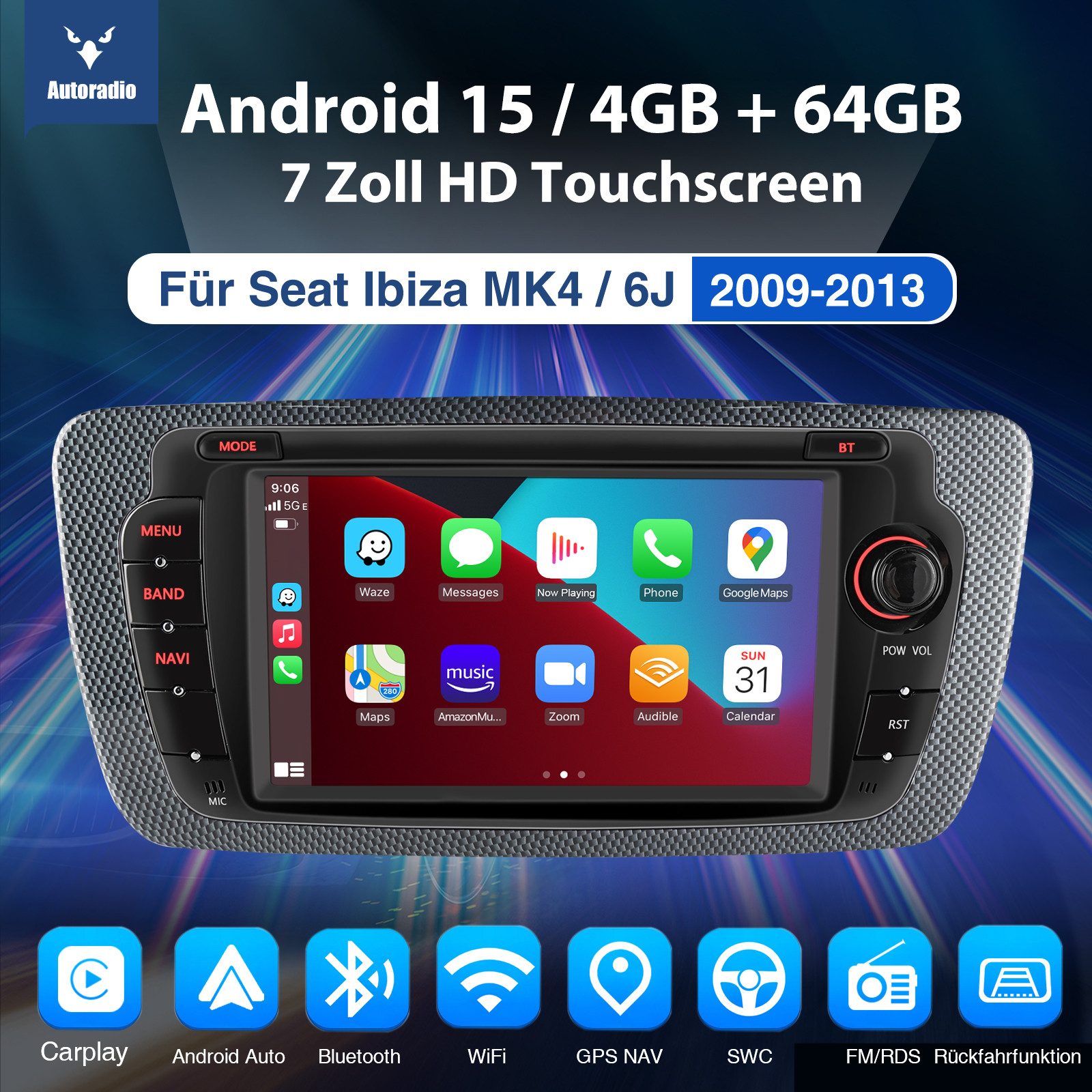 ESSGOO DAB+ 64G Android 15 Für Seat Ibiza IV 6J 2009-13 GPS Navi RDS Carplay Autoradio (AM, FM, 4+64GB(optional), RDS, DAB (optional), DAB+ (optional), Apple Carplay & Android Auto,2+64GB(optional),EQ SWC,DBA)