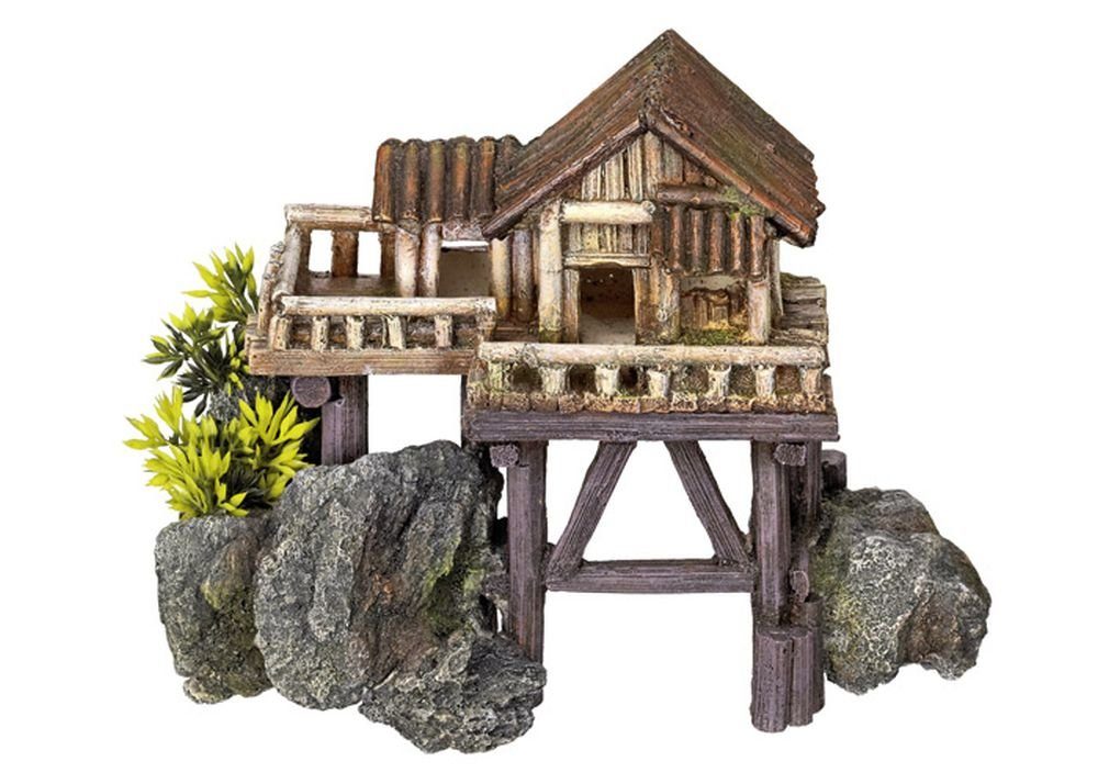 Nobby Aquariendeko Aqua Ornaments "HOLZHAUS" mit Pflanzen, geeignet für Süß- und Seewasseraquarien