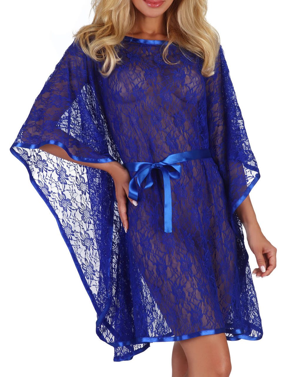BeautyNight Morgenmantel Damen Dessous Poncho Morgenmantel kurze Ärmel mit String in blau zum b