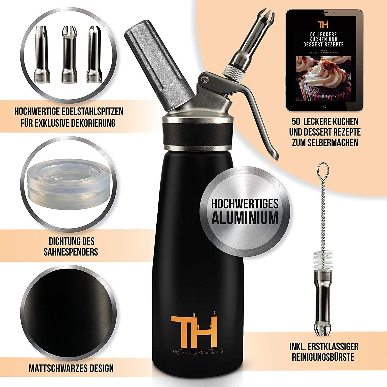 Thiru Sahnesyphon Sahnespender, Sahnespender inkl. eBook mit 50 exklusiven Dessert- und Kuchenrezepten