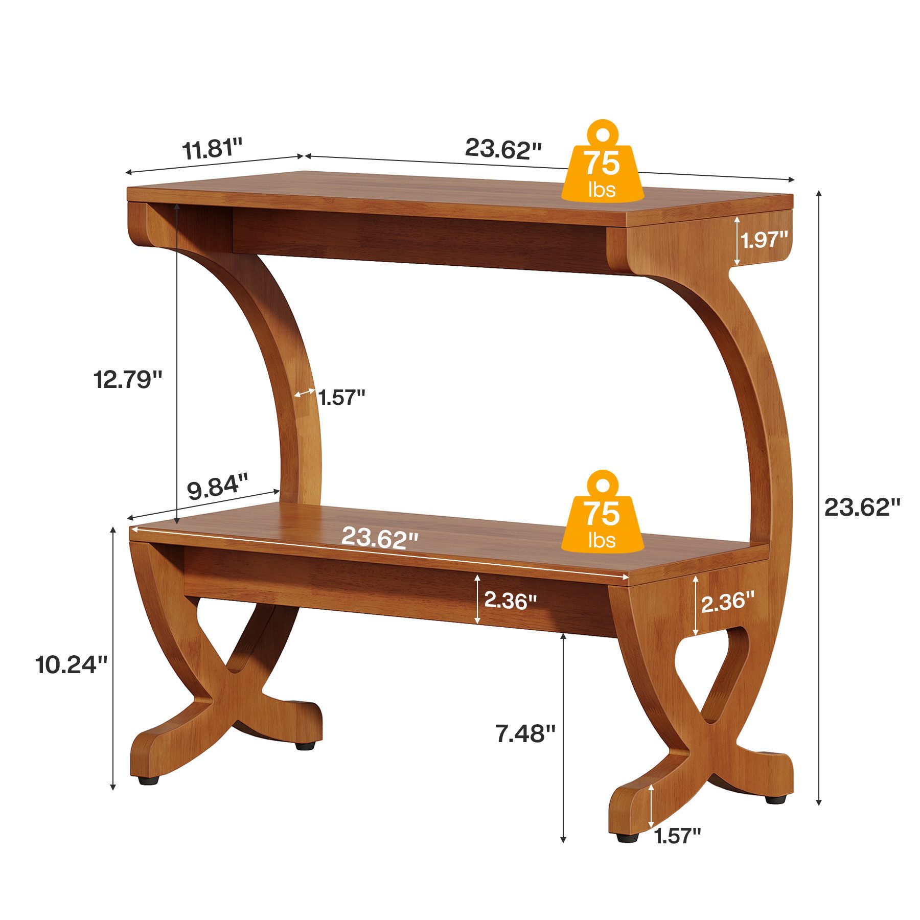 Tribesigns Beistelltisch Schmaler 2-Stöckiger Beistelltisch aus Massivholz, Nachttisch im Mid-Century-Design mit geschwungenen X-Beinen