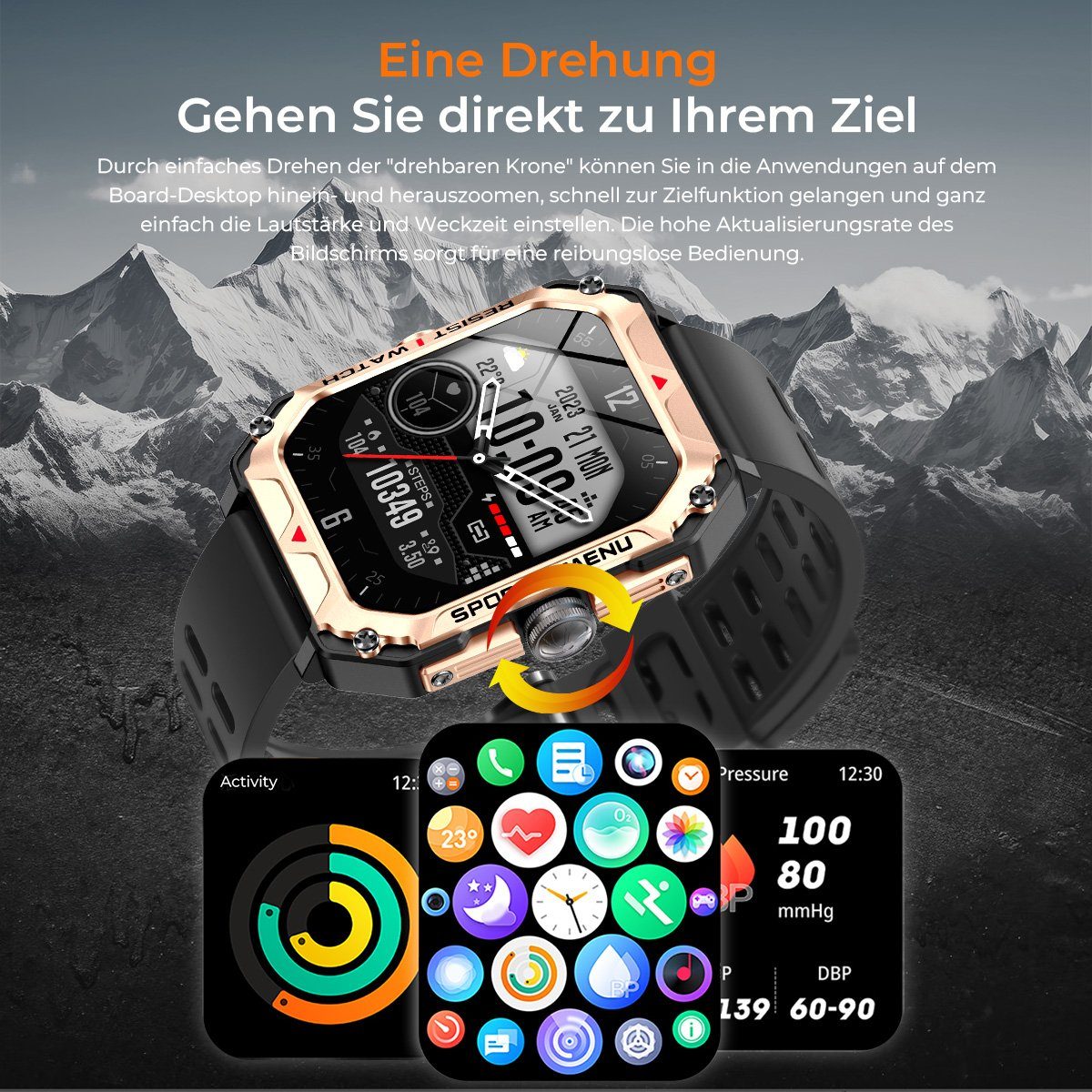 7Magic Smartwatch Damen Sportuhr Telefonfunktion Touchscreen mit Wasserdicht Fitness 2,02” Zoll), Herren Tracker, Schlafmonito Outdoor (2.02 IP68 Gold Smartwatch
